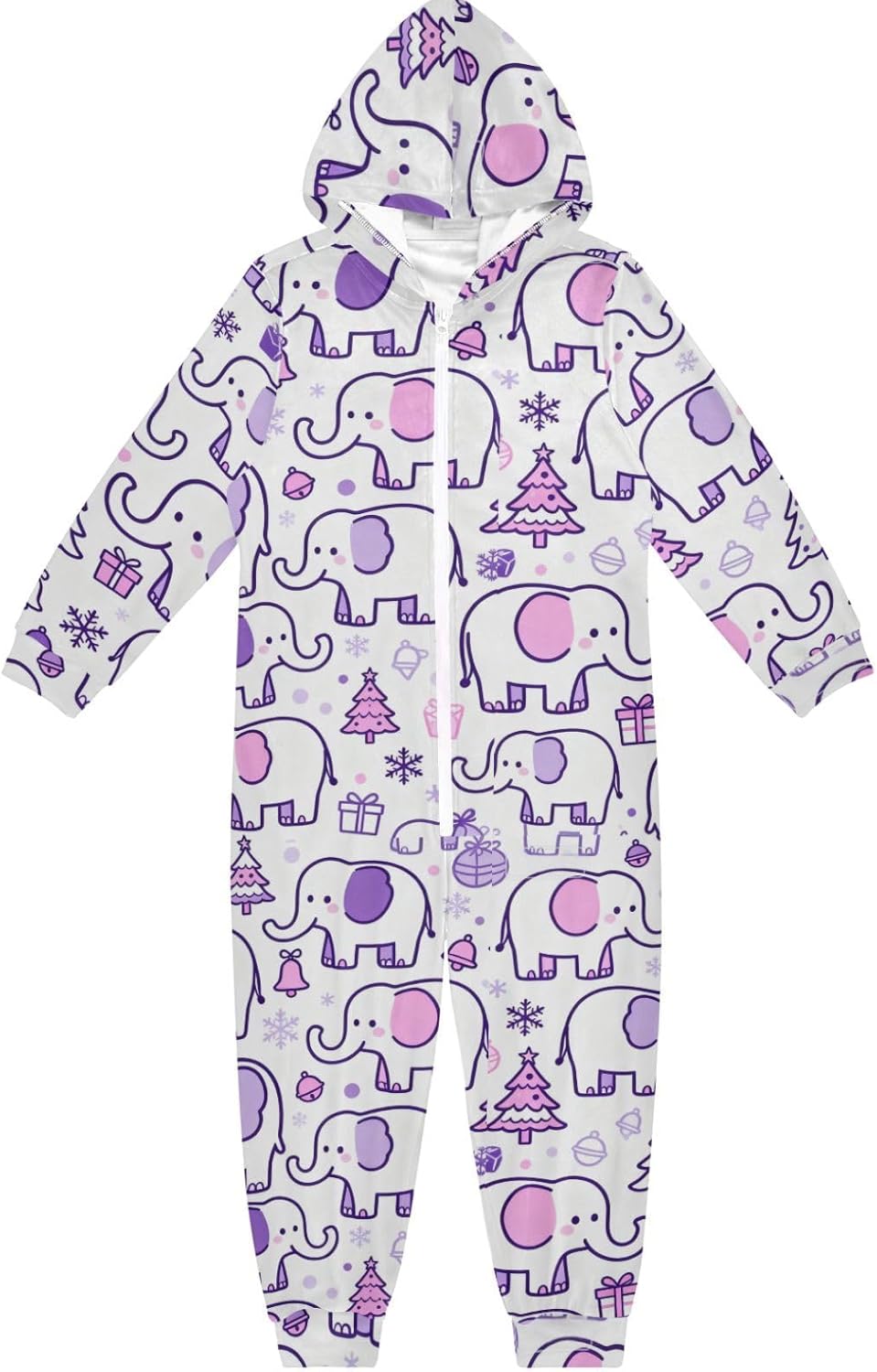 Cute White Elephant Purple and Pink Winter Kids Sleepwear Holiday Pajamas Soft Cozy Hooded Boys Blanket Sleeper Pjs