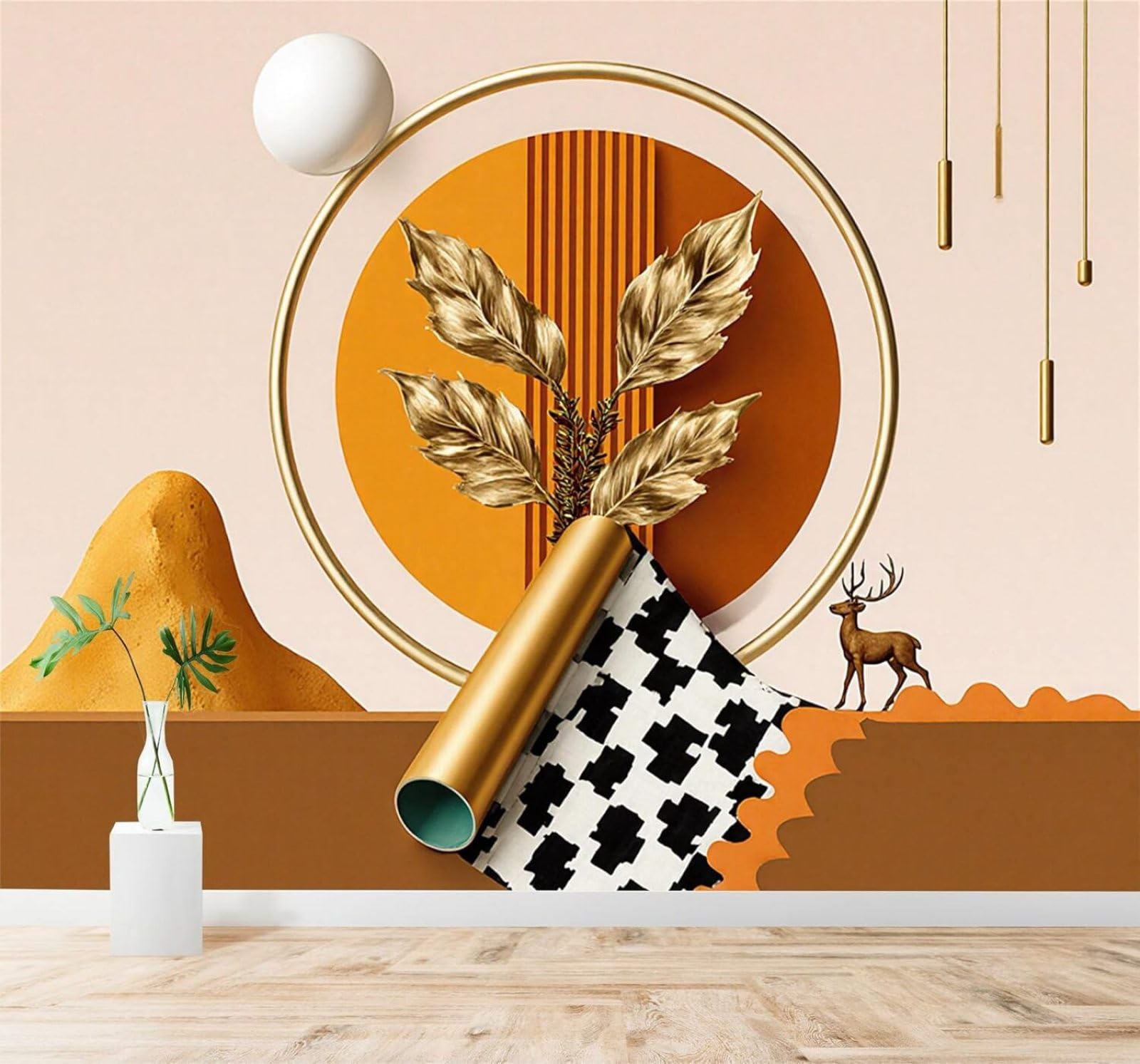 XLMING Golden Leaves Deer Abstract Geometric Art 3D Wallpaper Silky Texture Home Study Office Grey Dining Room Sofa Bedroom Living Room TV Backdrop-430cm×300cm