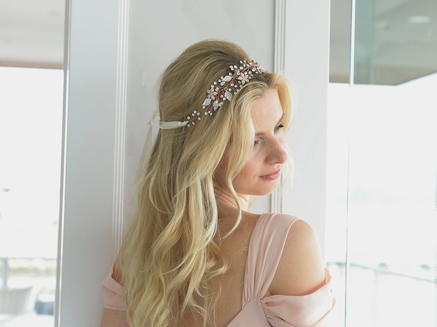 Mariell Rose Gold Freshwater Pearl and Crystal Bridal Hair Vine Ribbon Headband