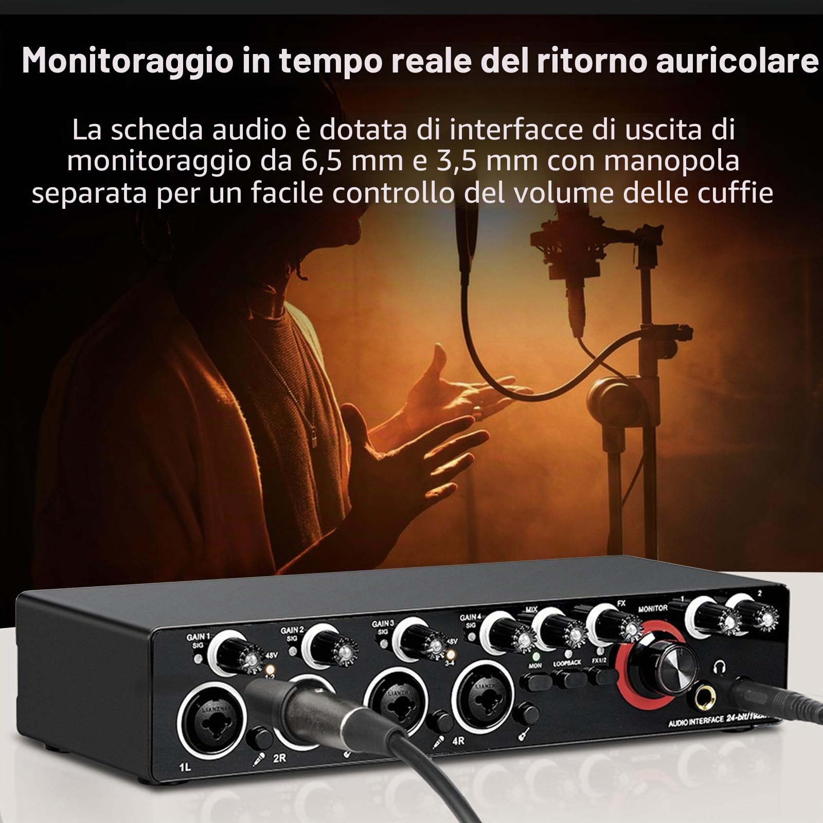 Scheda audio con interfaccia USB a 4 canali con alimentazione phantom da 48 V, 2 ingressi e 2 uscite, 24 bit 192 kHz per registrazione professionale, karaoke dal vivo, streaming, performance DJ e