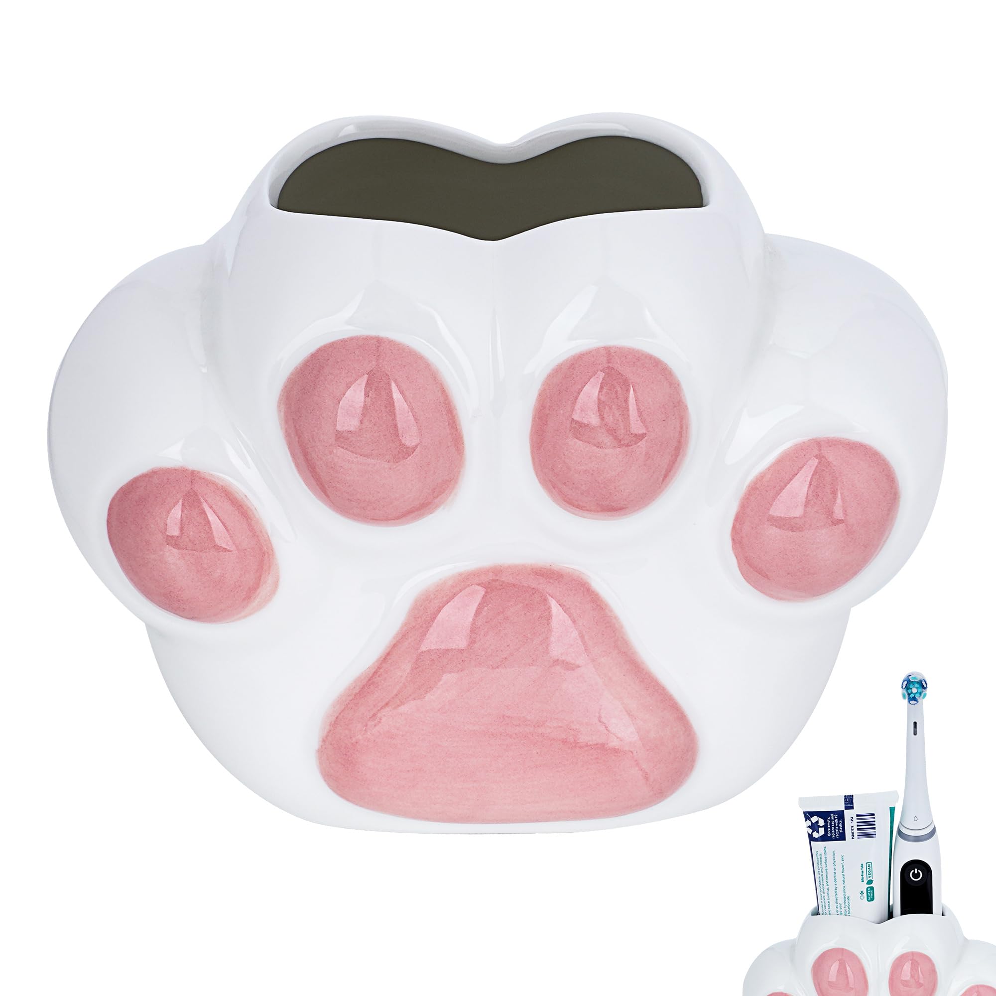 Cute Cat Paw Toothbrush Holder, Pink, Ceramic, Multi-functional Storage Rack, Bathroom Countertop Accessory