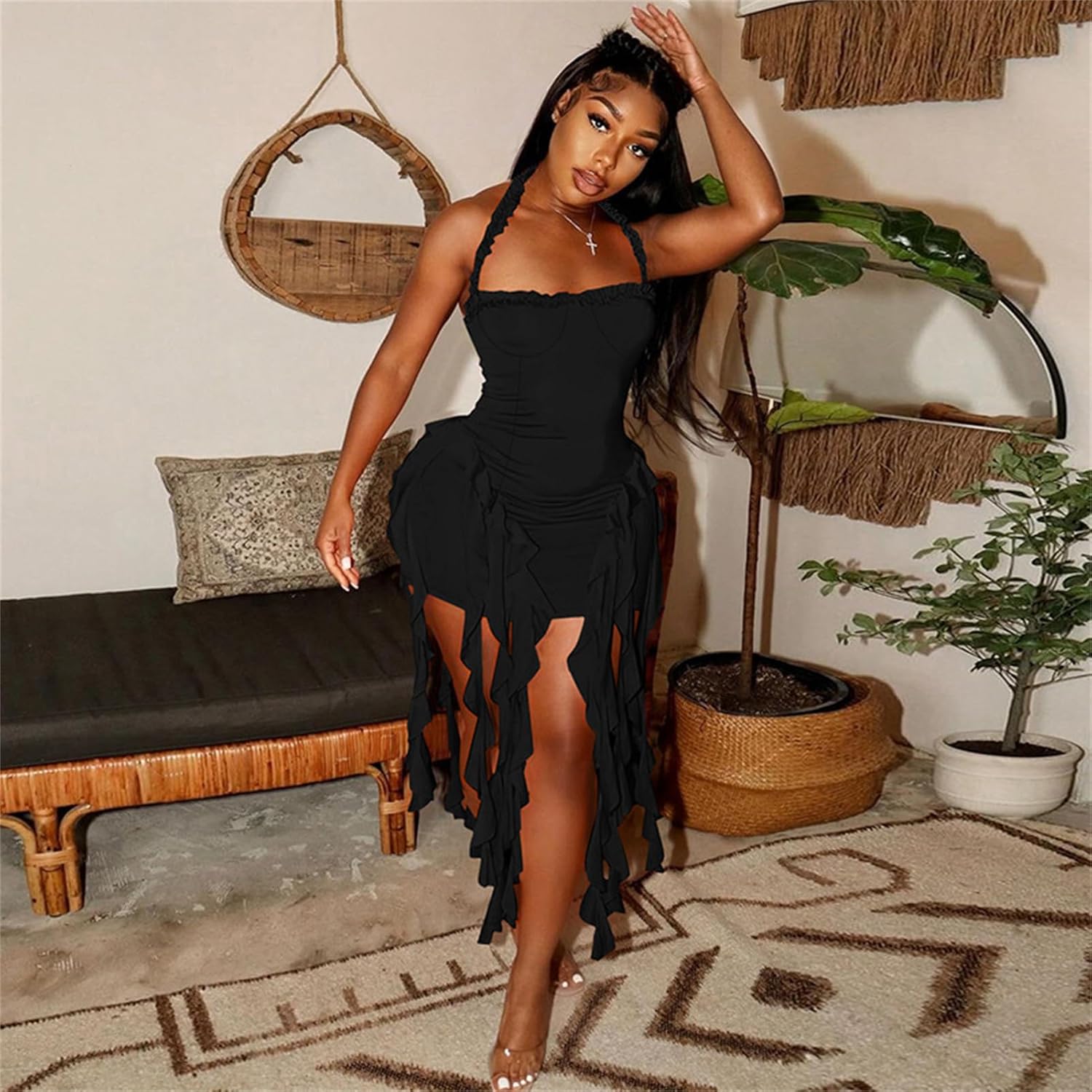 Women's Mini Dress Sexy Halter Backless Ruffle Fringe Bodycon Short Dress Cocktail Party Beach Vacation Sundress - Image 3