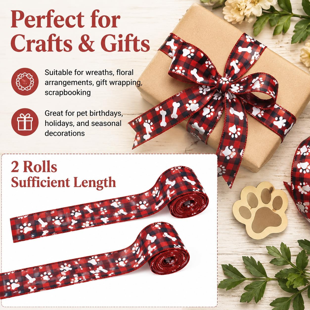 2 Rolls 10 Yards Paw Print Wired Edge Ribbon 2.5 Inch Dog Bone Pattern Fabric Ribbon Pet Dog Themed Craft Ribbon for Puppy Party Decoration Farmhouse Wreath Gift Wrapping Red Black White (Red) image 2