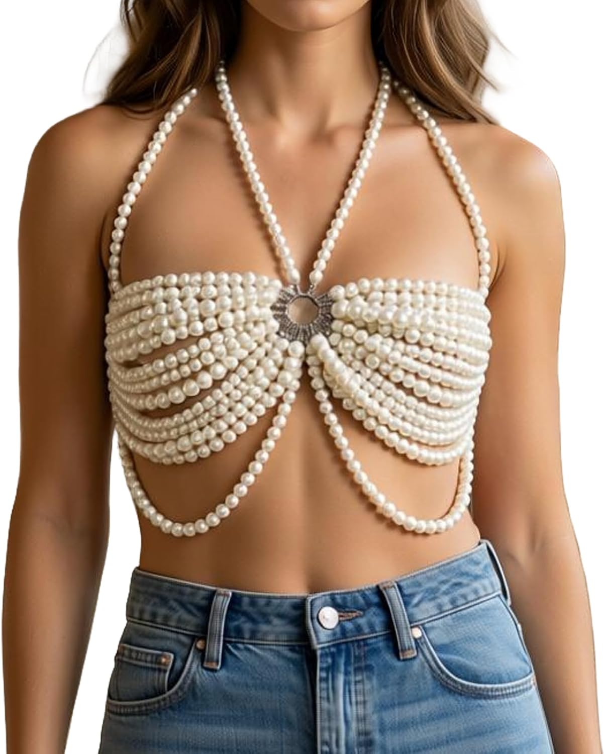 Multi-layered White Pearl Body Chain Bralette,Summer Layered Beaded Harness Chest Chain Wedding Pearl Lingerie Jewelry for Women Rave Party Prom Clubwear
