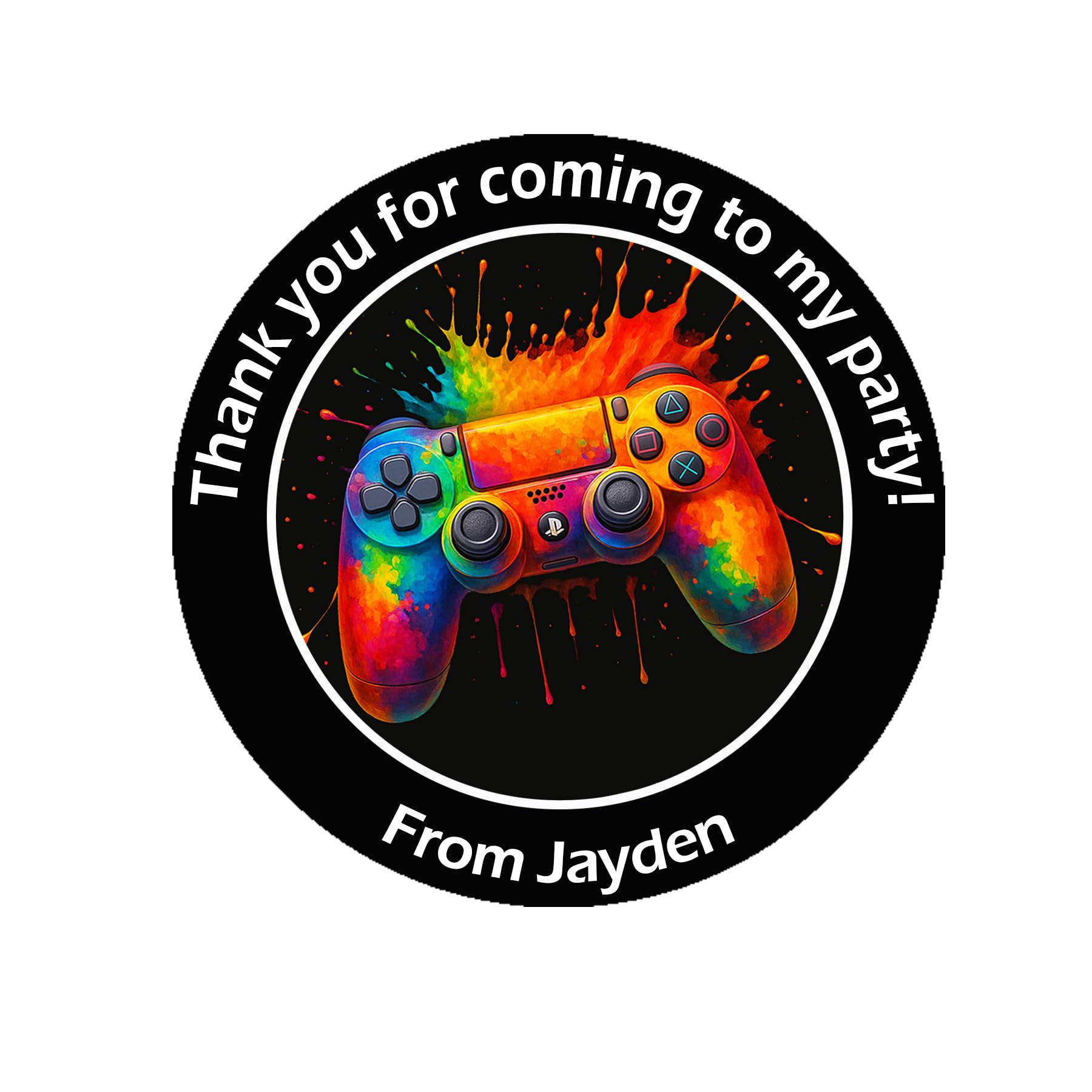 Personalised Gaming Party Stickers – 37mm Round Labels for Party Bags, Favours or Sweet Cones – Gaming Themed Birthday Decoration - 35 Black Stickers