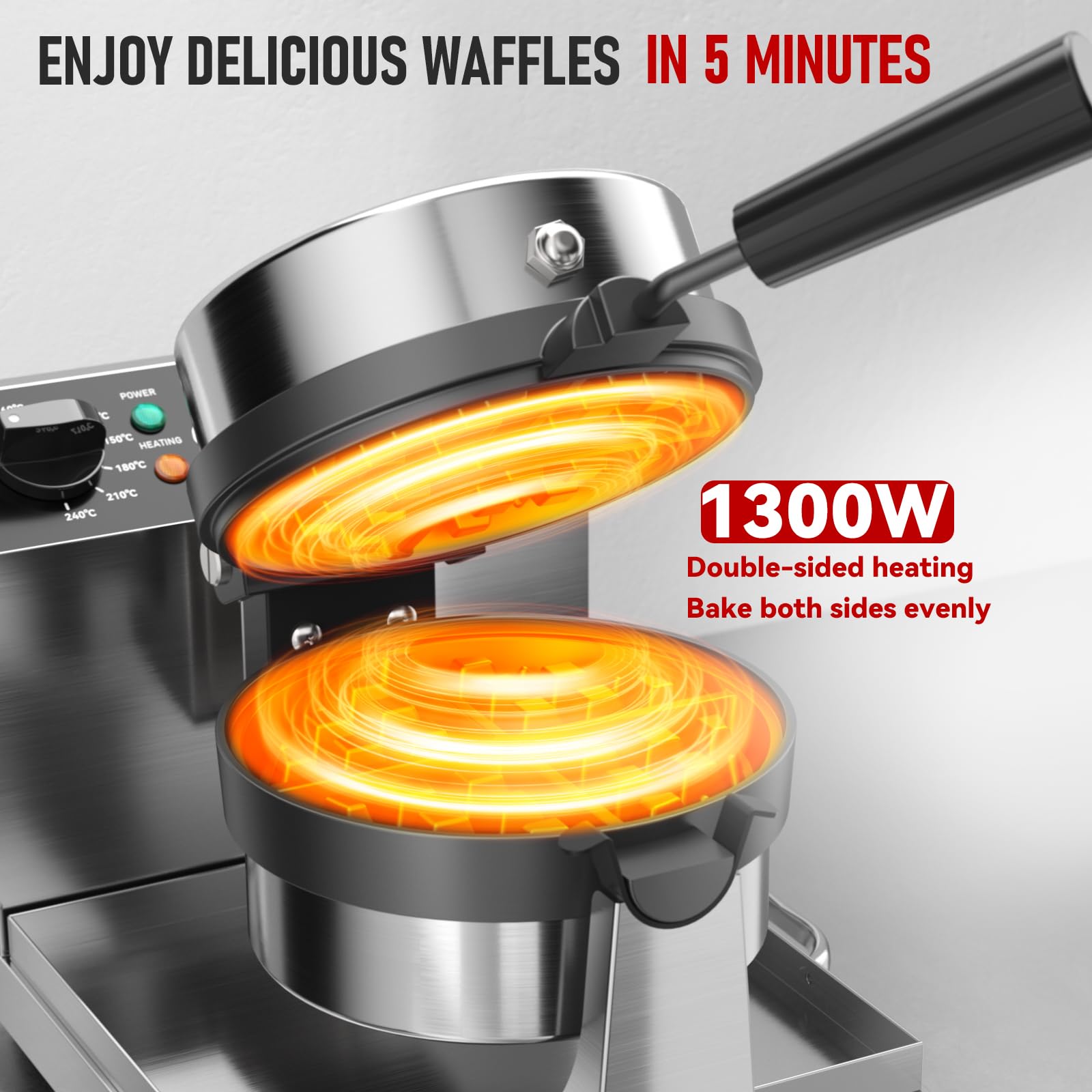 CROSSON Gofrera para Gofres Belgas Giratoria,Redondo Máquina Eléctrica para Hacer Gofres Comercial con Revestimiento Antiadherente,Temperatura y Tiempo para Panaderías,Restaurantes,1300W