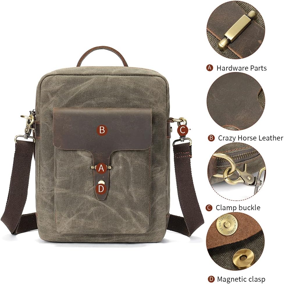 Vintage Waxed Canvas Messenger Bag for Men & Women, Lightweight Crossbody Sling Bag with Genuine Leather Work Satchel - Image 4