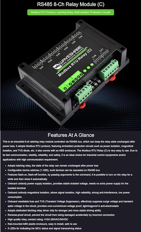 Modbus RTU 8-ch Latching Relay Module (C) with RS485 Interface, Rail-Mounted Case, Modbus RTU Protocol, Latching Relay, Multi Isolation Protection Circuits (Modbus RTU Relay (C))