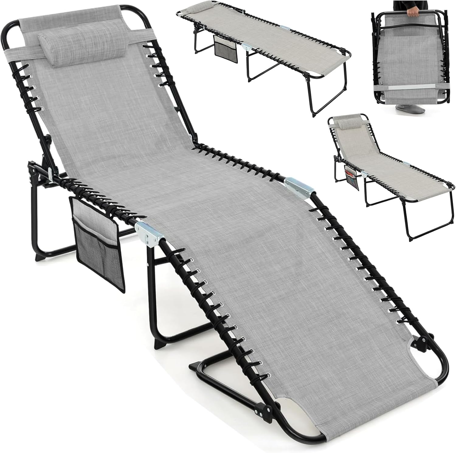 Giantex Patio Lounge Chairs for Outside - Folding Tanning Chair w/Headrest, 4 Adjustable Positions, Side Pocket, Outdoor Chaise Lounge for Camping, Pool, Sunbathing Beach Chair, Grey