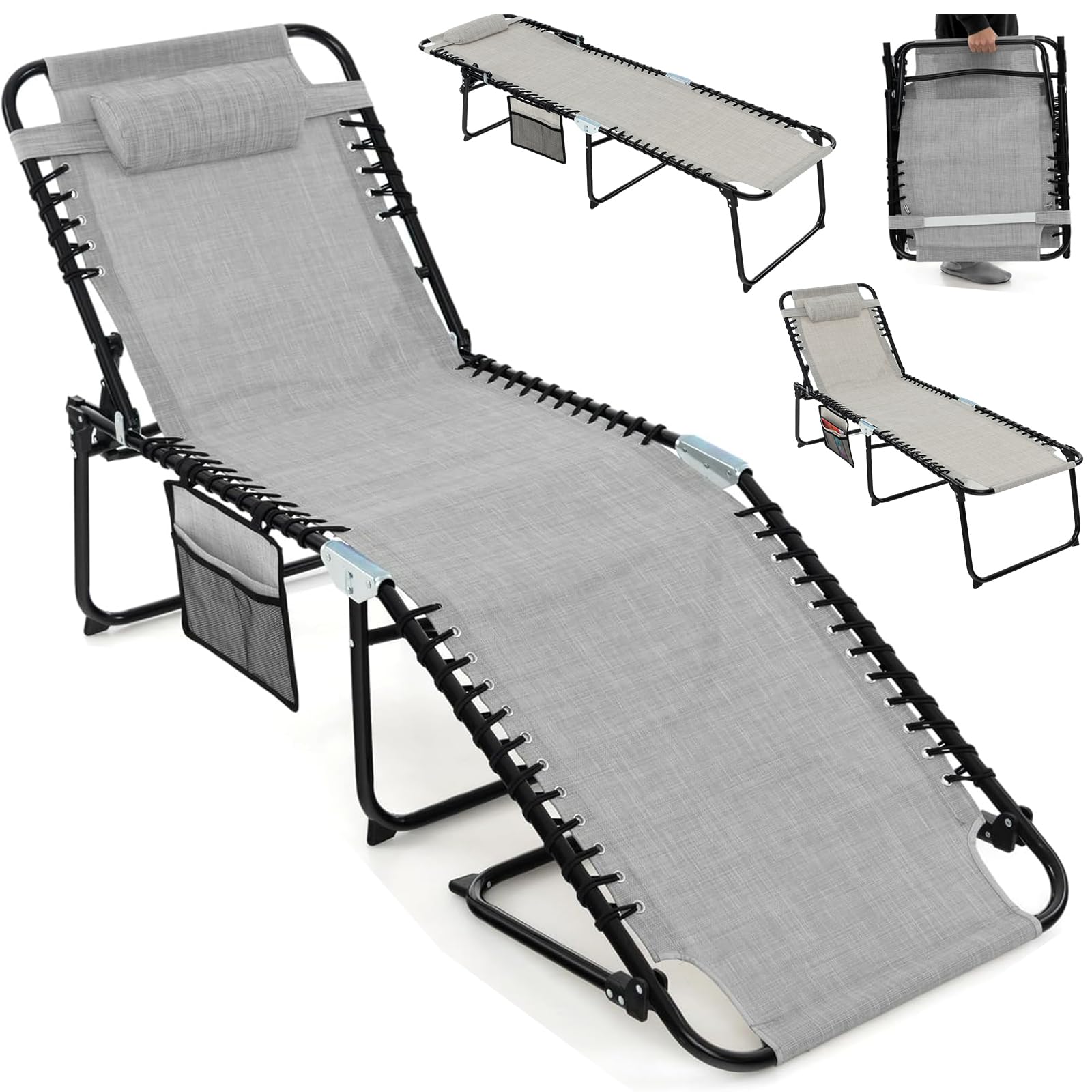 Giantex Patio Lounge Chairs for Outside - Folding Tanning Chair w/Headrest, 4 Adjustable Positions, Side Pocket, Outdoor Chaise Lounge for Camping, Pool, Sunbathing Beach Chair, Grey