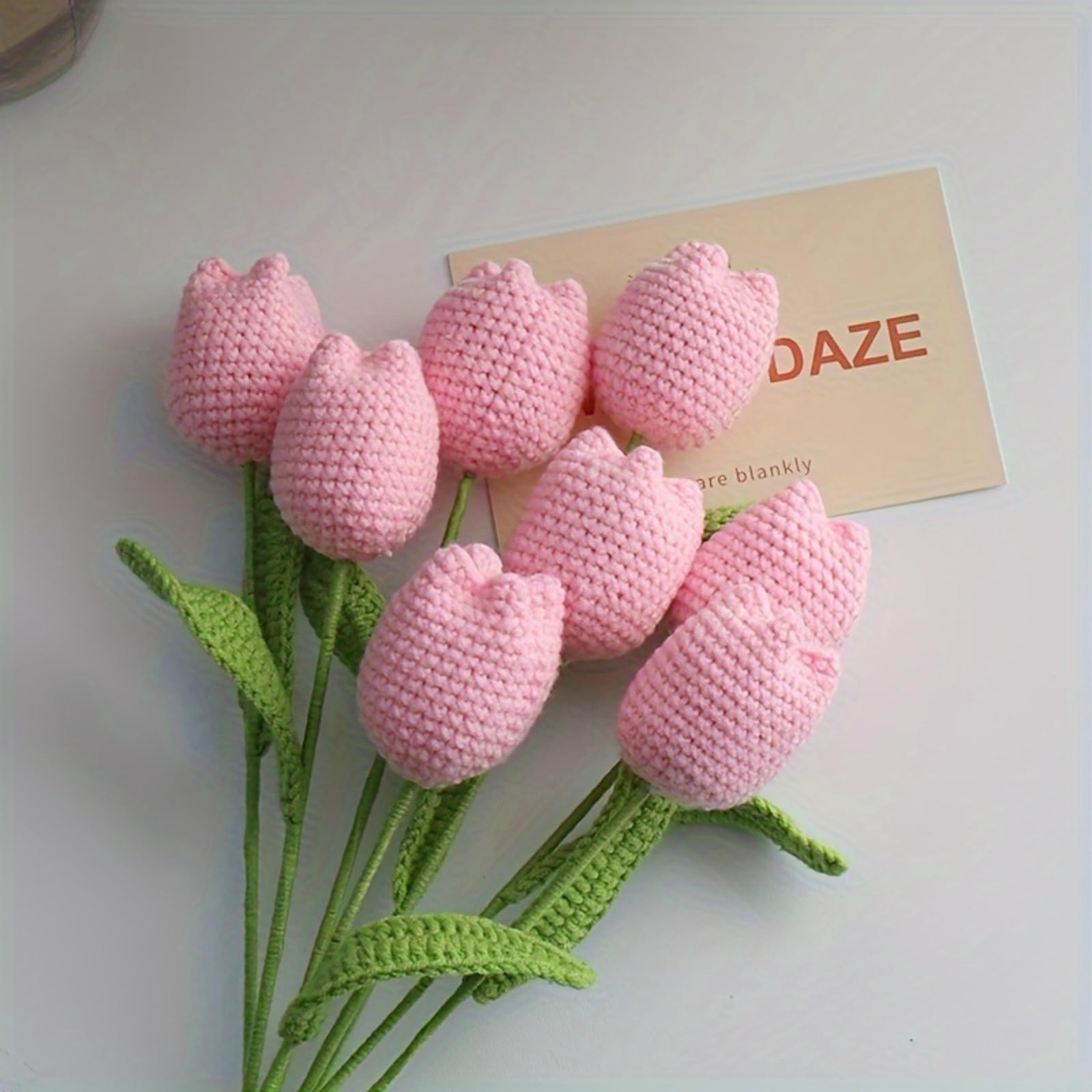 Handmade Crochet Tulip Bouquet, Completed Knitted Yarn Artificial Tulips, Charming Knitted Flower Bouquet for Valentine's Day Mother's Day Birthday Anniversary-Light Pink-1PCS