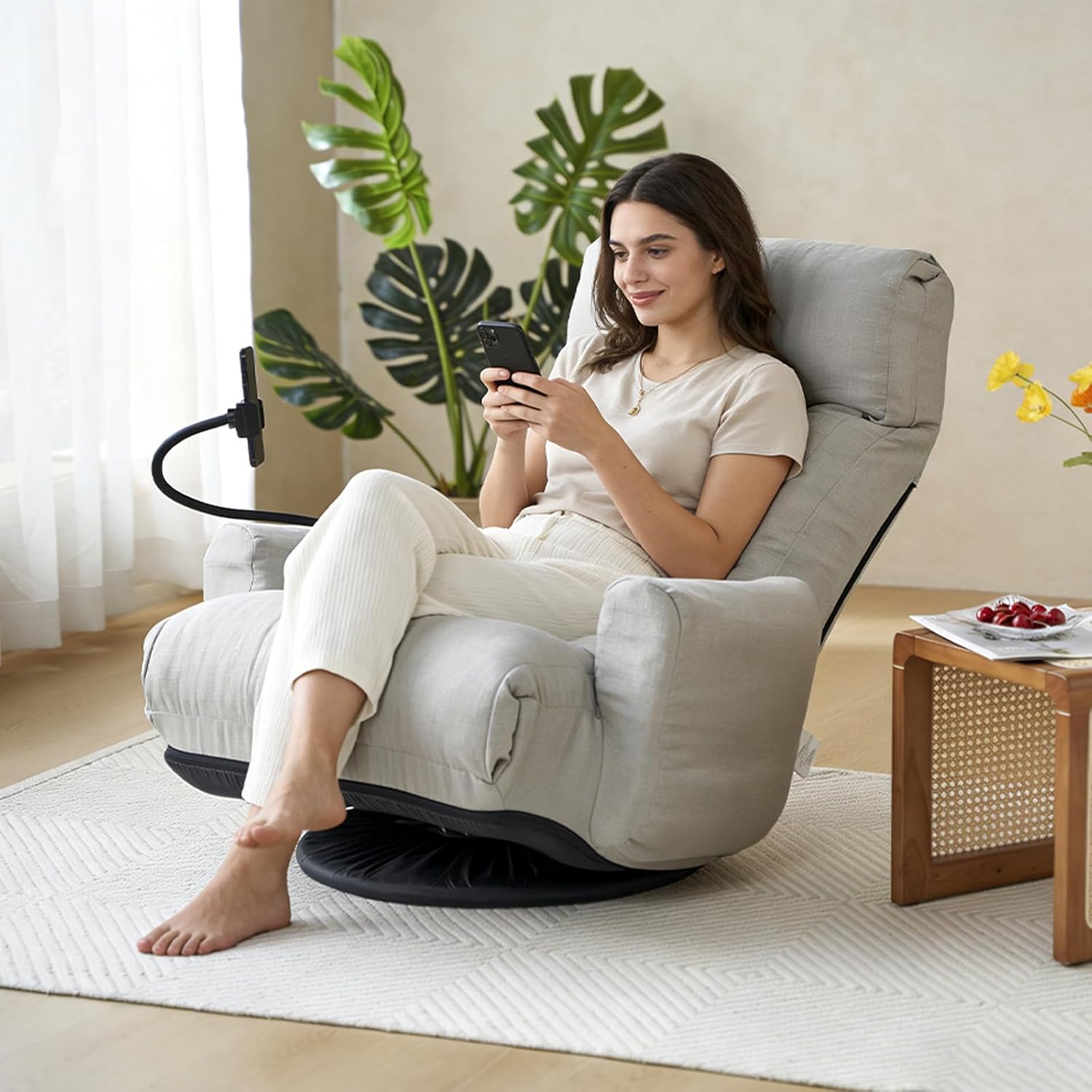 Swivel Lazy Floor Chair, Adjustable Reclining Floor Lounger with Head & Back Support and Phone Holder, Comfy Tatami Sofa Seat for Adults Bedroom & Gaming