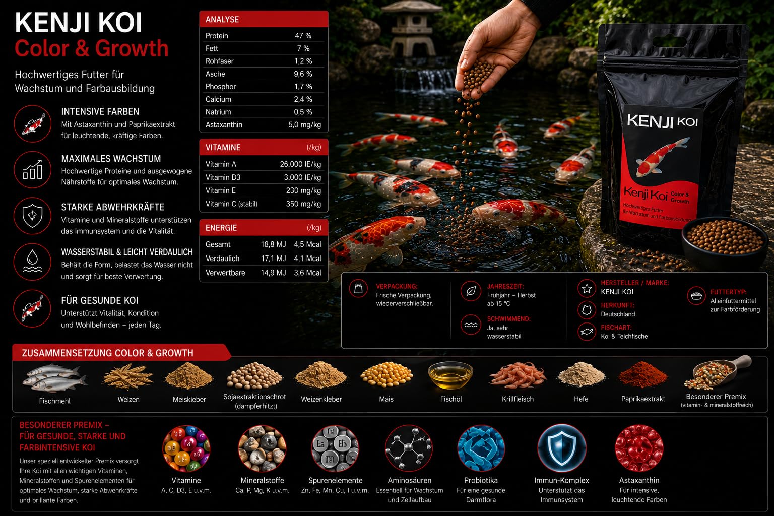 Color & Growth High Growth & Color Nourriture de croissance pour carpes koï et bassin 5 kg 3 mm Nourriture complète pour carpes koï