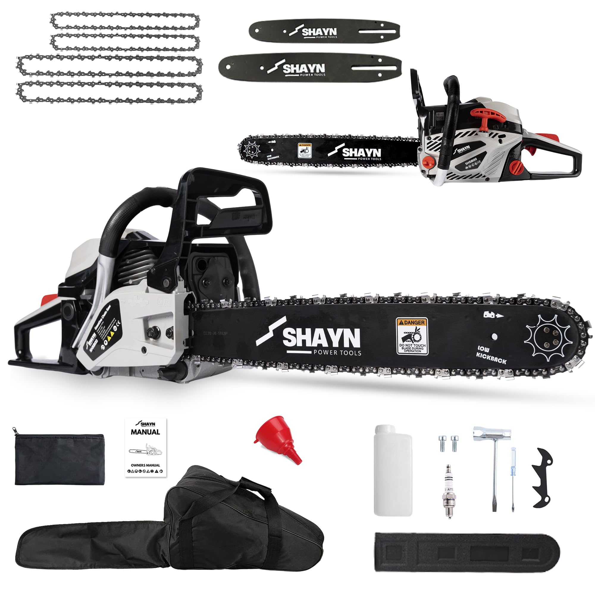 SHAYN Motosierra Gasolina de 58 cc – Sierra de cadena con mango superior de 2 tiempos con barra de espada de 50 y 40 cm, 4 cadenas de repuesto, antivibración - Ligera con 3 años de garantía