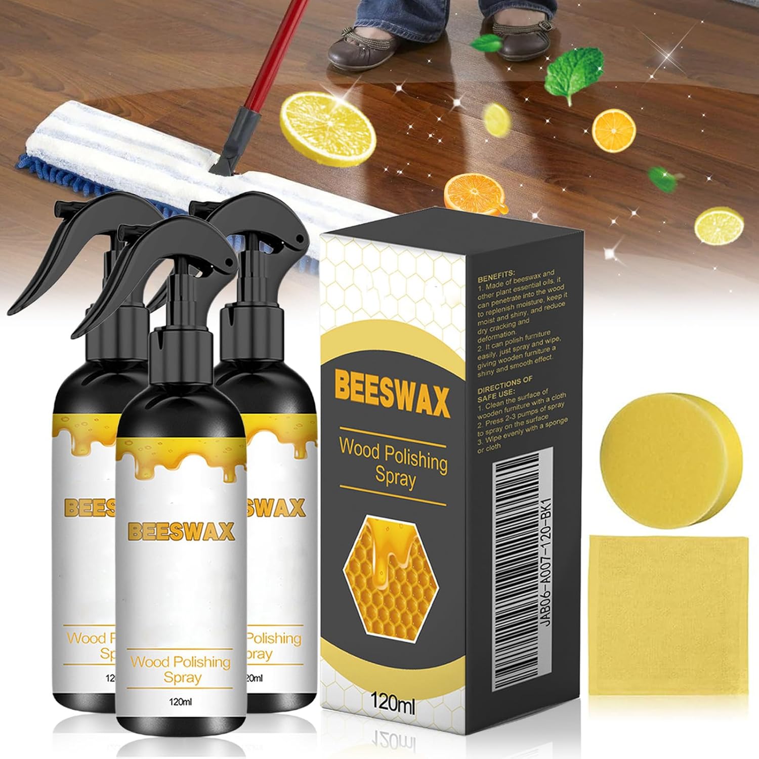 Natural Beeswax Care Spray & Restorer, 2025 New Natural Bees Wax Furniture Polish and Cleaner, Beeswax Furniture Polish for Wood, For Living Room, Kitchen, Furnishings and Wooden Floors, 120ML/4Oz (3)