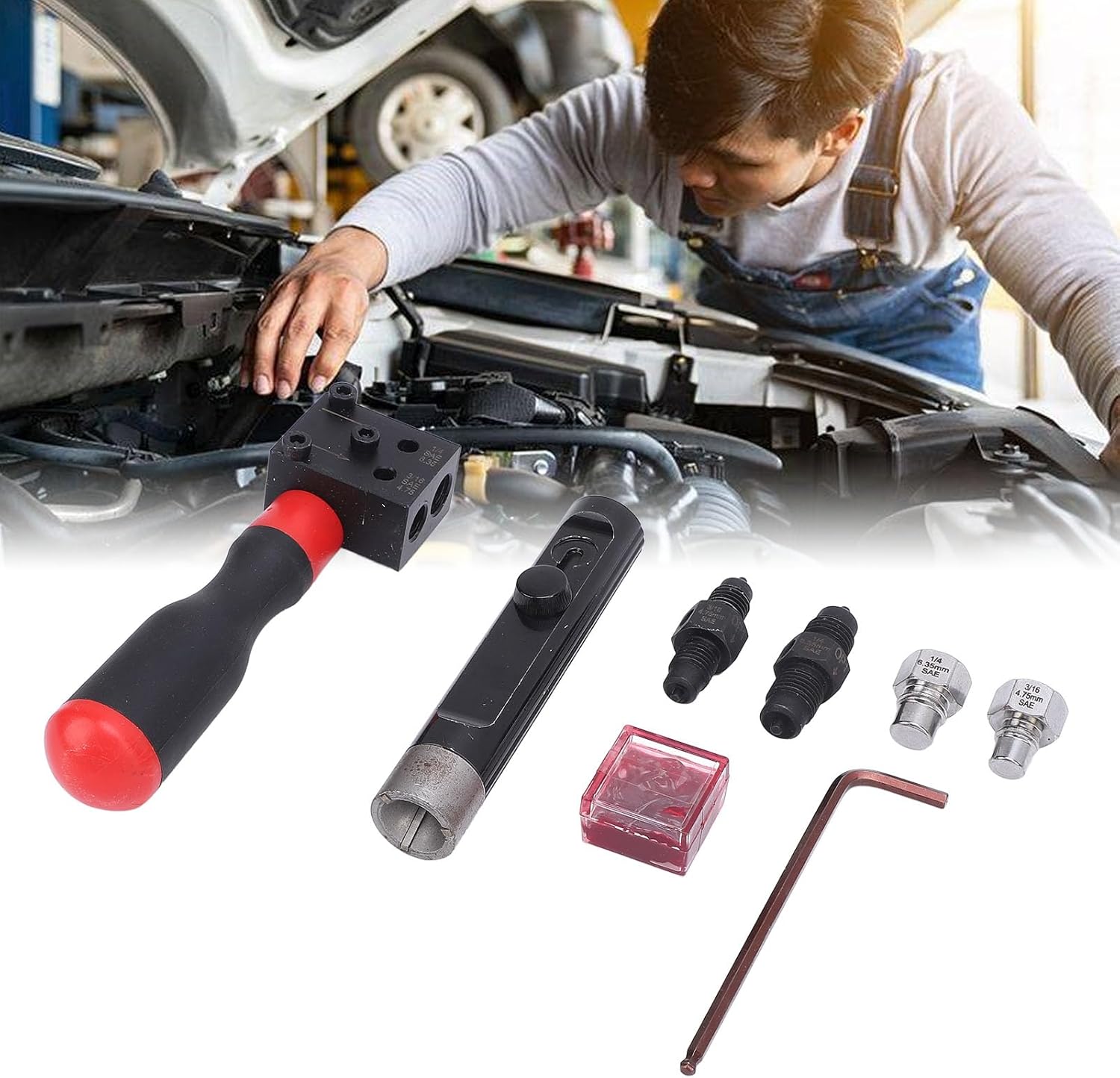 Kikumi Double Flacking Tool Kit 3/16 Inch 1/4 Inch Brake Line Flacking Tool Professional Handheld Flacking Tool with Storage Box for Car Repair