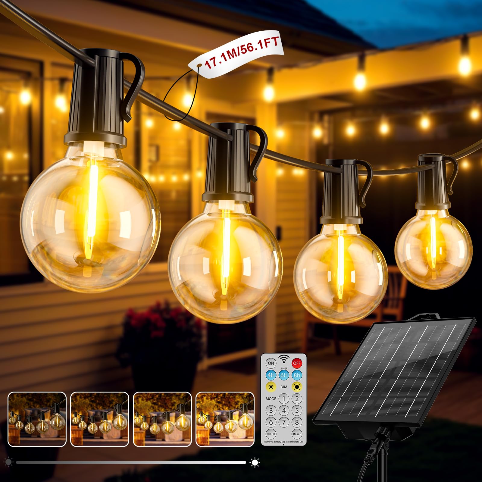 Catena Luminosa Esterno Solare 17M Luci Solari da Giardino con 24+1 Lampadine LED G40 Impermeabile Luci Gazebo da Esterno Solari per Giardino Patio Balcone Matrimonio Feste