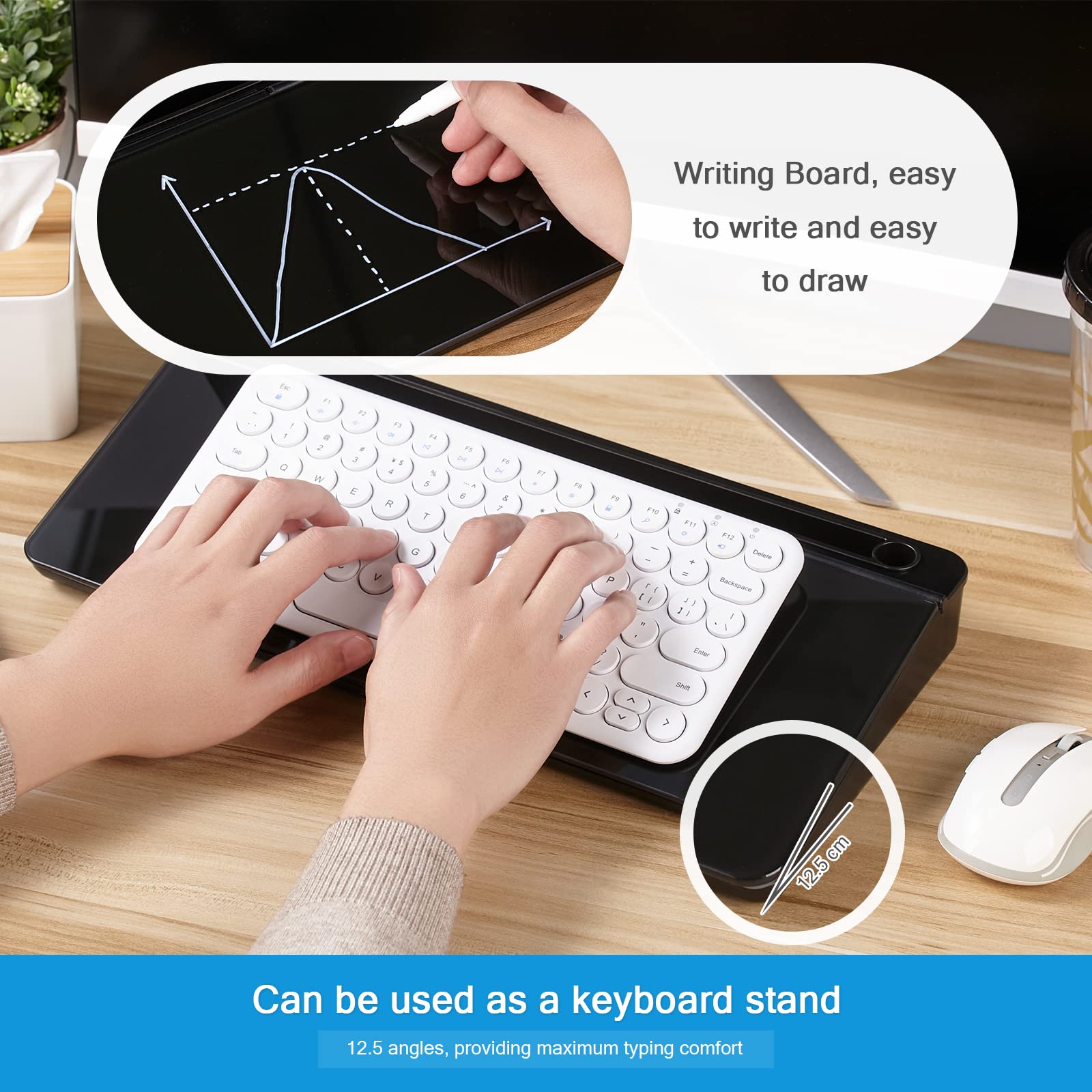 DEWUR Lavagna in Vetro Nero, Lavagna Bianca da Scrivania Con Supporto per Telefono, Tablet e Tastiera - Organizer da Scrivania Con Accessori per Ufficio e Casa