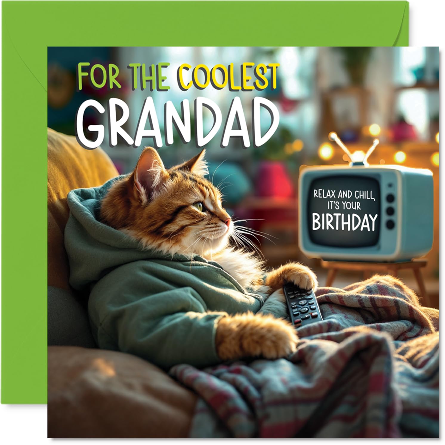 Grandad Birthday Card - TV Cat - Happy Birthday Card for Grandad from Grandson Granddaughter, 145mm Cat Celebration Bday Greeting Cards