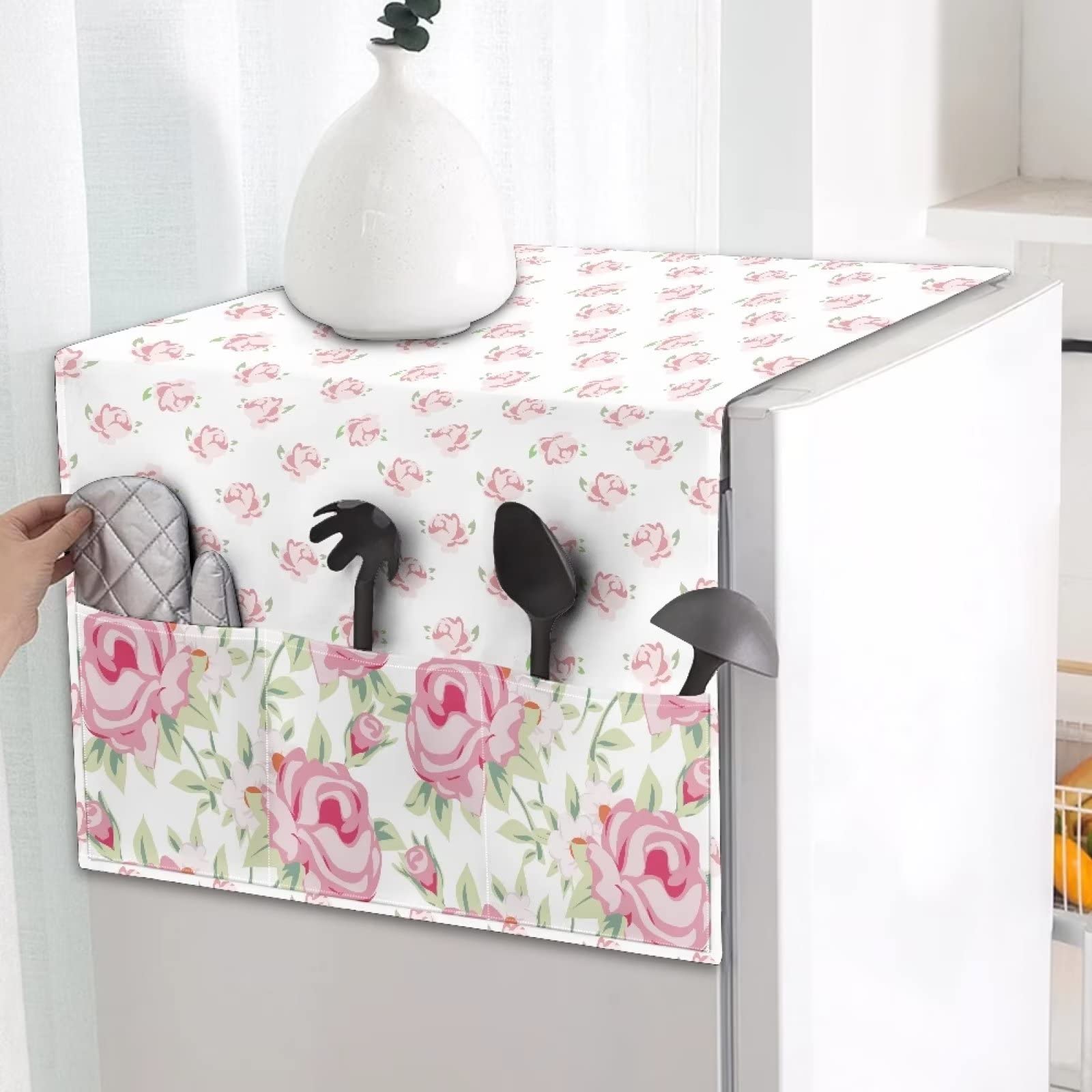 ZFRXIGN Pink Flower Rose Fridge Cover Dust Oil Proof Cloth Linen Machine Protector Decorative Refrigerator Appliance Cover with Side Storage Pockets