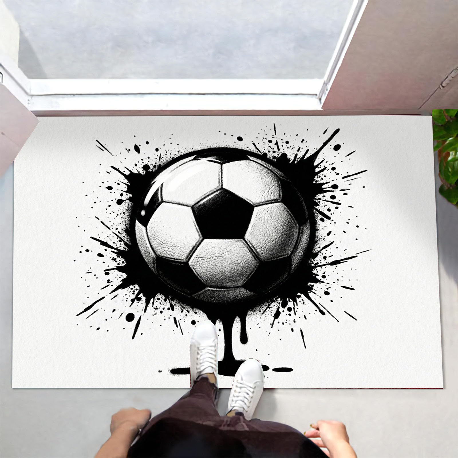 Ultradünne Coole Graffiti-Fußball Fußmatte Für Innenbereich, 90X150Cm Waschbar Teppich Für Eingangsbereich, Tintenklecks-Fußball Schmutzfänger Fussmatten, Schwarz-Weiß Rutschfeste Eingangsmatte