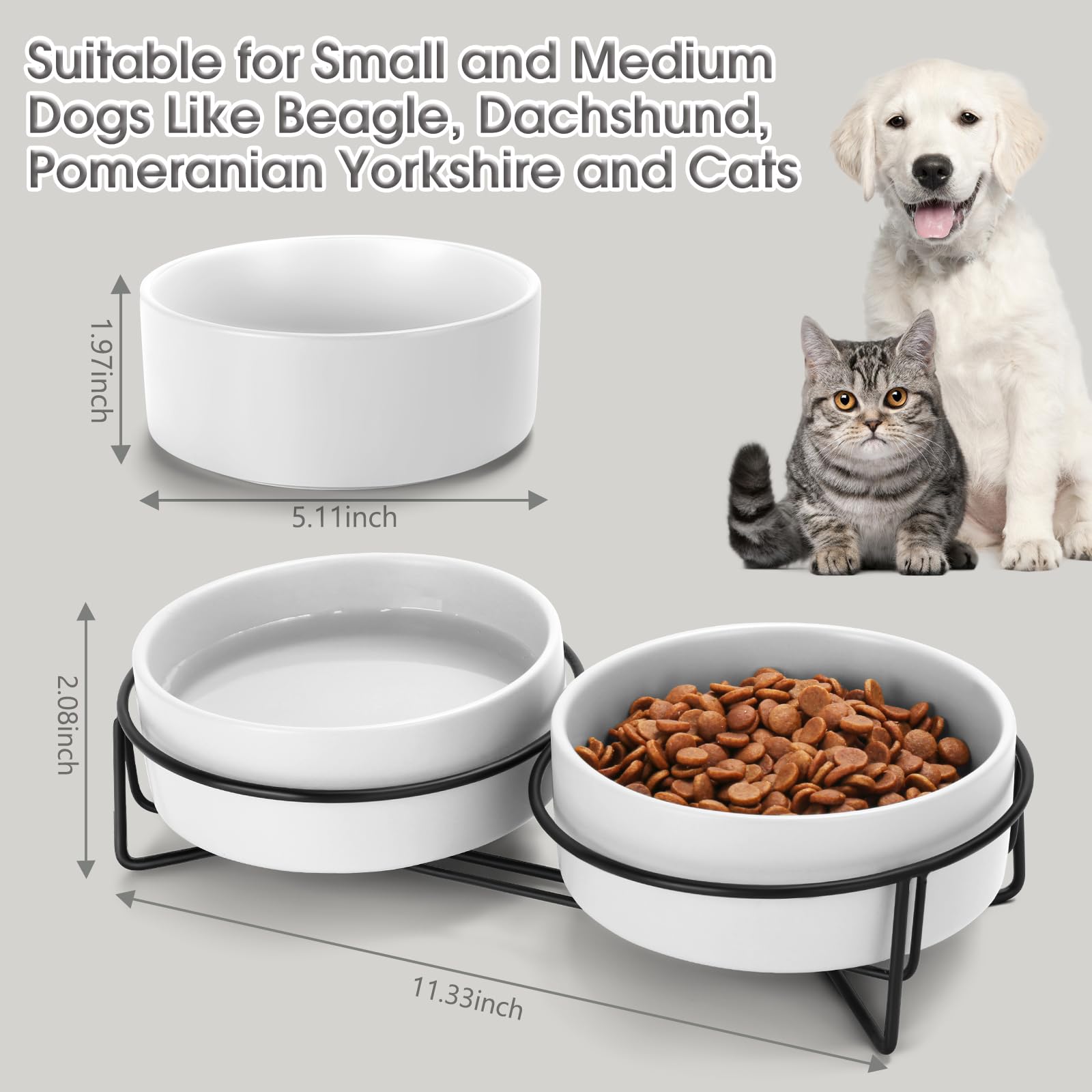 Keramiknapf für Hunde und Katzen, mit Ständer, 1,7 Tassen, Hundefutter und Wassernapf, geeignet für kleine und mittelgroße Haustiere (382.7 g Weiß)