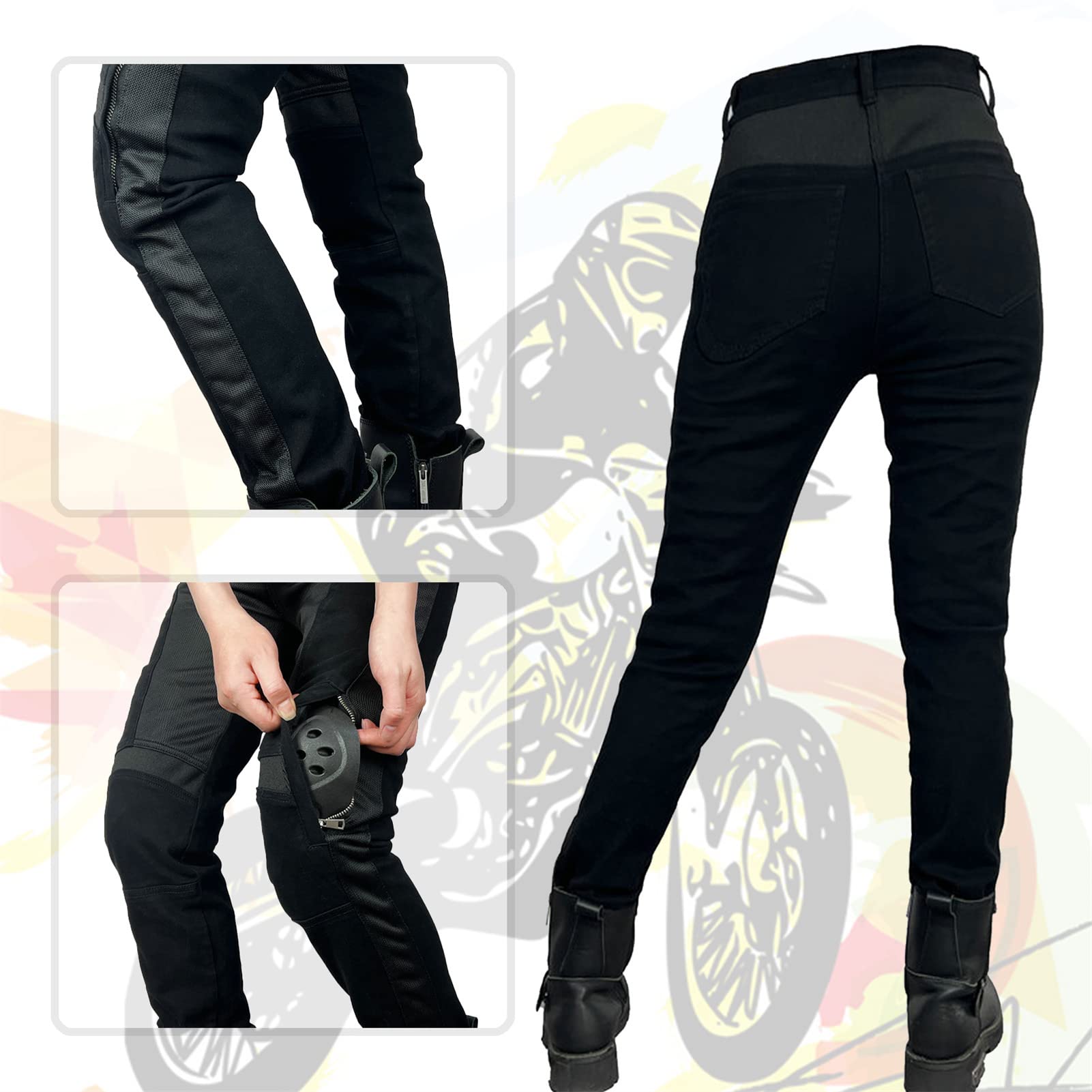 Pantalon moto Mujer con Equipo de Protección - Pantalón Cargo Vaquero para Verano, Elástico para Motocross y Moto con 4 Juegos de Almohadillas Protectoras (Upgrade-Armor,M)