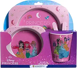 Zonacriativa – Kit Alimentação Infantil Princesas Disney | Prato, Bowl 350ml, Copo 250ml e Talheres em Fibra de Bambu e Melamina | Refeições Divertidas e Seguras para Crianças