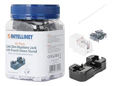 CAT6 SLIM KEYSTONE JACK WITH PUNCH-DOWN STAND, WHITE, 25-PACK