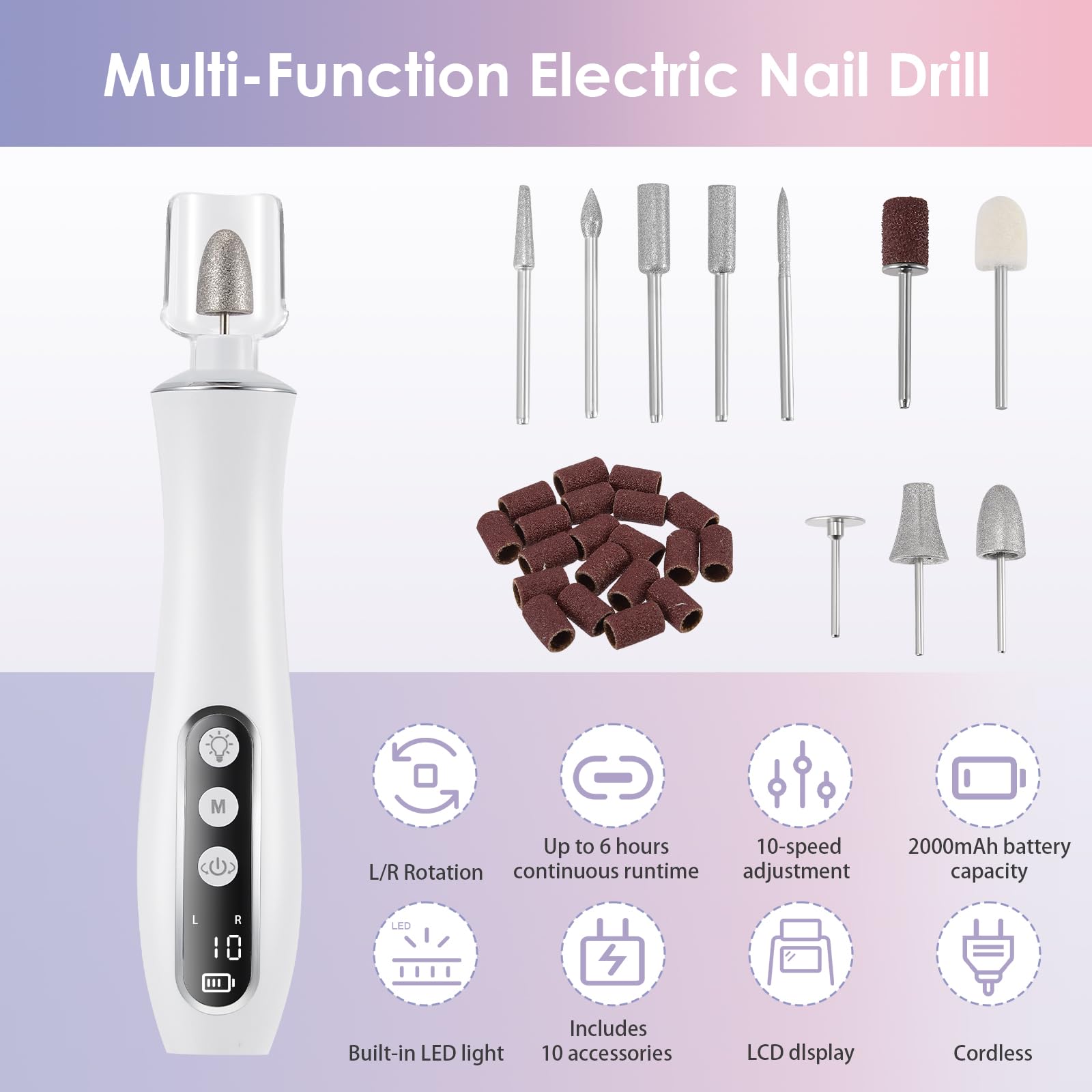 Cordless Electric Nail Drill Kit, Rechargeable Nail File with 360° LED Light & LCD Display - Image 2