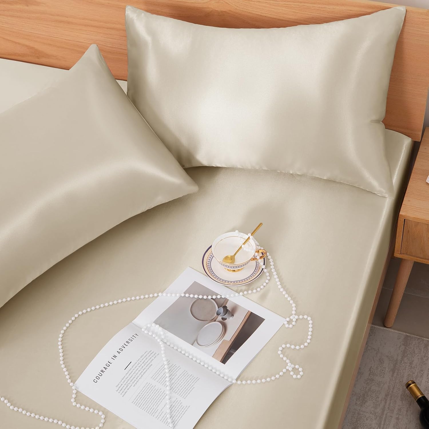 NSGZ 3 Pcs Satin Fitted Sheet and Pillowcase Set, King Silky Bottom Bedsheet Fit up to 15 Inch Deep Pocket Mattress, Taupe Soft Satin Bedding Includes 1 Fitted Sheet and 2 Pillowcases