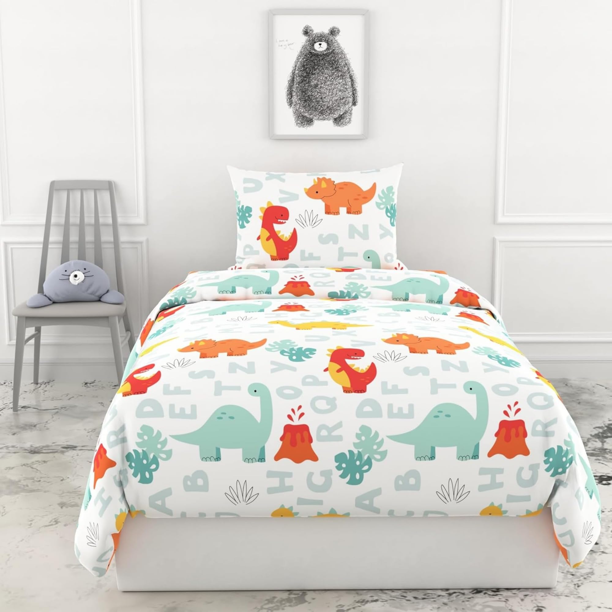 LORETO - A QUALITY LINEN BRAND 100% Pure Cotton Bedsheet for Single Bed, 144TC Soft & Breathable Single Bed Sheet with Pillow Cover (Orange & Mint Alphabet Dino Play, 54 x 84 Inches)-image-46