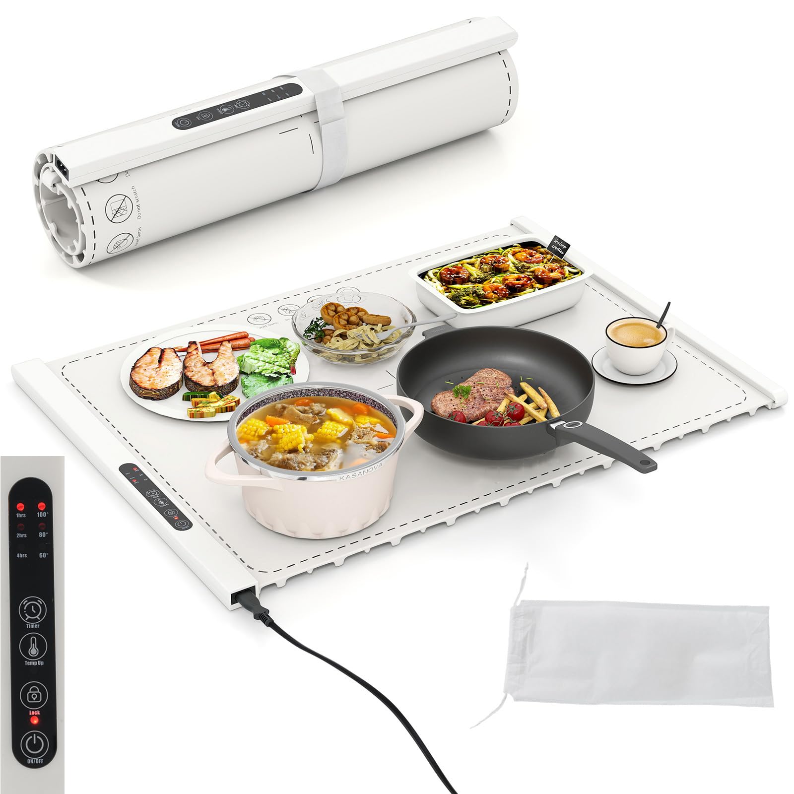 RELAX4LIFE Chauffe-Plat Électrique en Silicone Enroulable avec 3 Températures Réglables 60-100℃ et Minuteur 1-2-4H, Sangle Auto-Agrippante, Sac de Rangement pour Buffets Fête, Voyag Réunions, Blanc