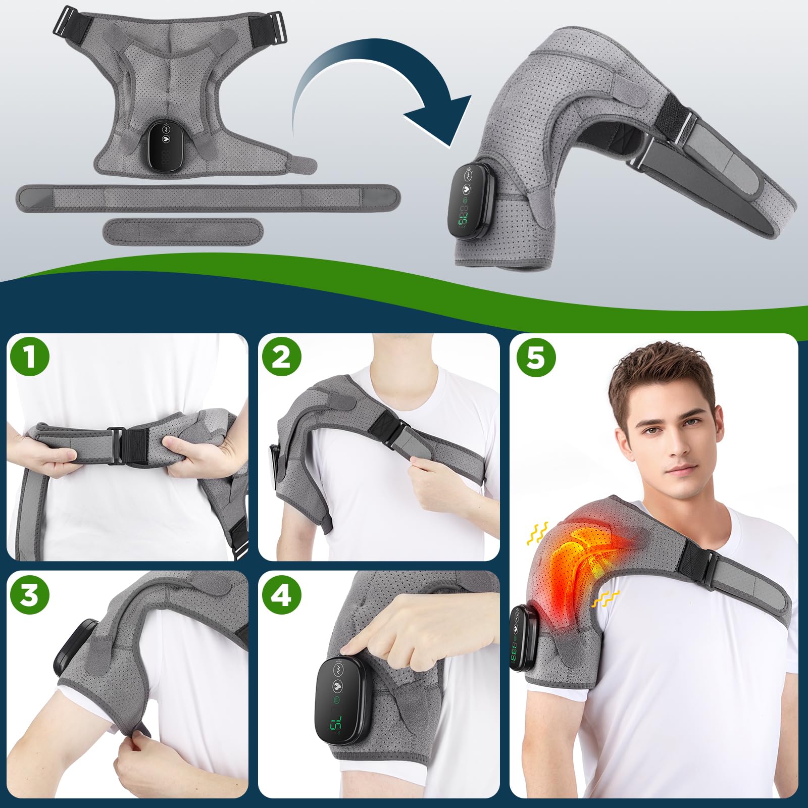 Almohadilla térmica de hombro inalámbrica, envoltura de hombro térmica con 3 modos de masaje, soporte de hombro con calefacción para aliviar el dolor, masajeador de hombro para hombres y mujeres (gris