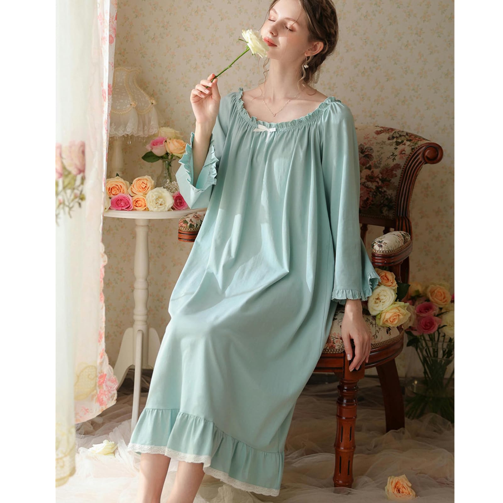Camicia Notte Donna French Primavera E Autunno Long Cotton Pigia da Donna Maniche Lunghe da Donna Sottili Abiti da Casa di Grandi Dimensioni-Blu di Pavone-XL