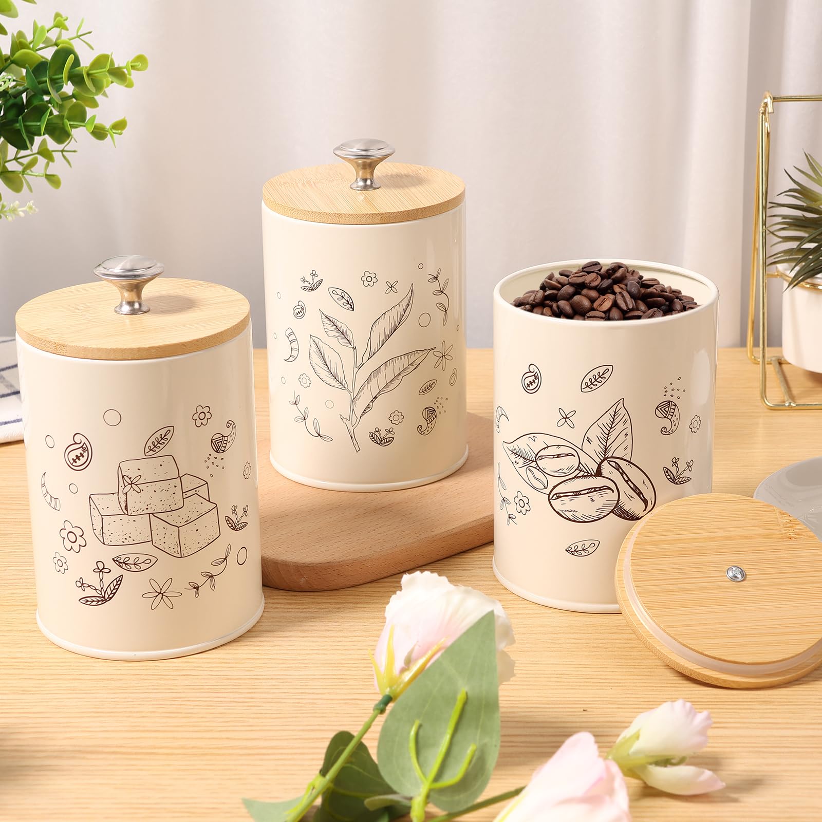 Qinglang Off White 3Pcs Tea Coffee Sugar Canisters Airtight Food Jars With Wood Lid Tea Sugar And Coffee Containers Set Metal Kitchen Canister Tins Bin For Counter Dining Room