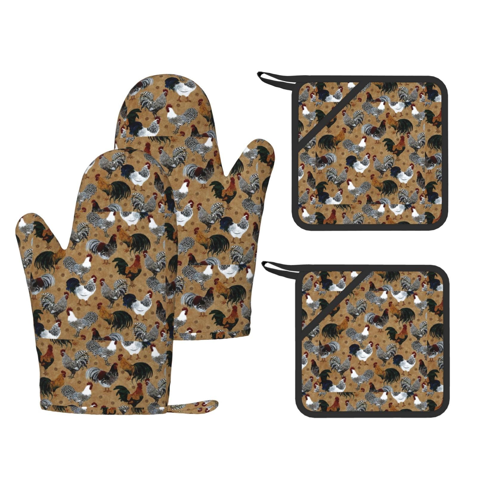 Rooster and Chicken Print Printed Oven Mitts and Pot Holders Set of 4, Heat Resistant Silicone Gloves for Baking Grilling