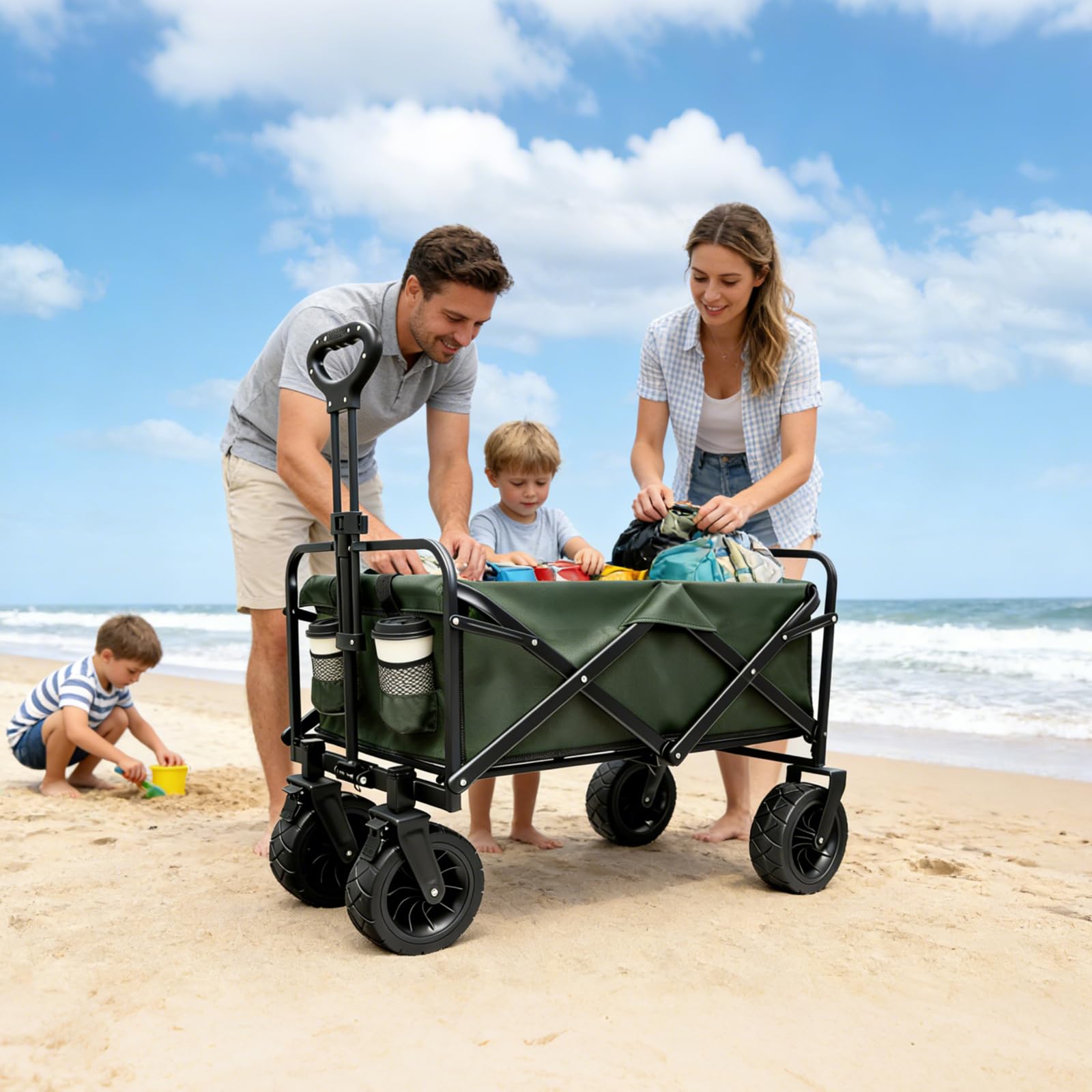 Sanycasa Bollerwagen faltbar 200L 200KG Tragkraft Gelände Strand mit Bremsen verstellbarer Griff Transporttasche Grün