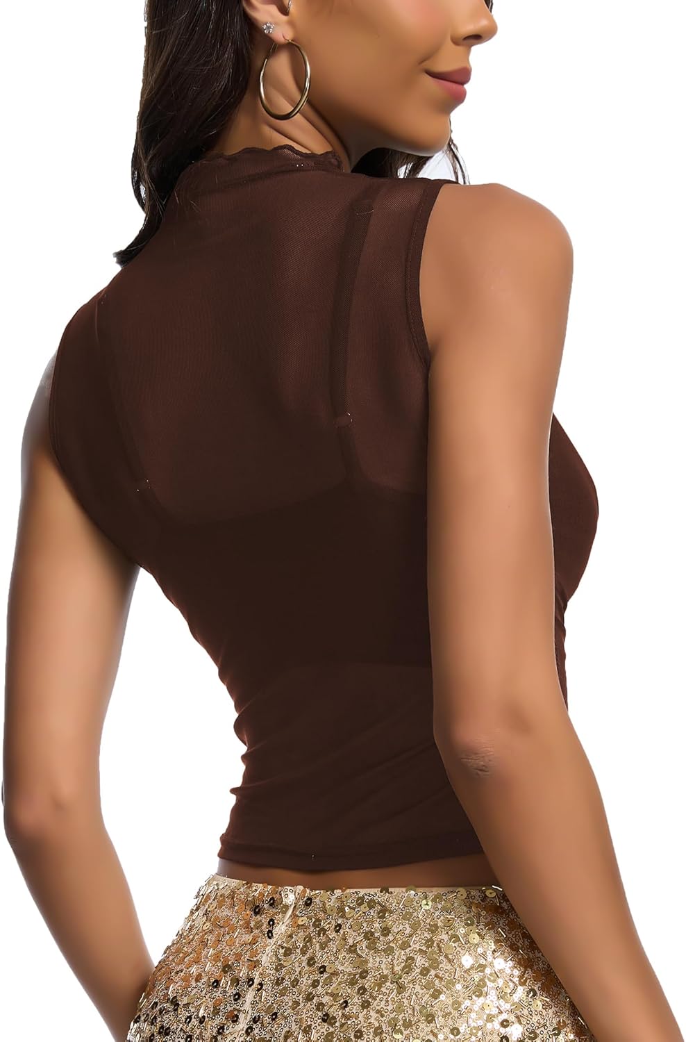 YYA Sheer Mesh Vest for Women Sexy Tank Club Top with Ruffled Hem & Stretchy Pleats S-XXL Coffee XXL - Image 6