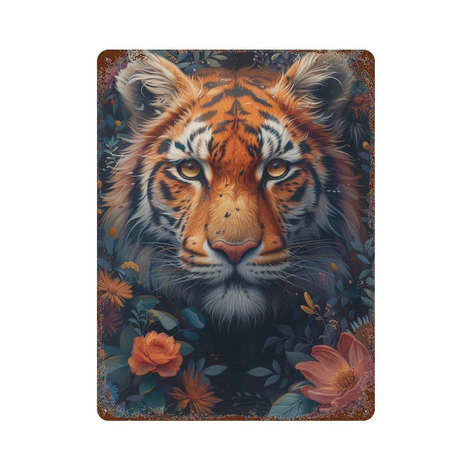 Tiger in Flowers-1 Weathered Tin Sign 15.7"x11.8", Classic Wall Plaque for Garage, Bar And Workshop Decor