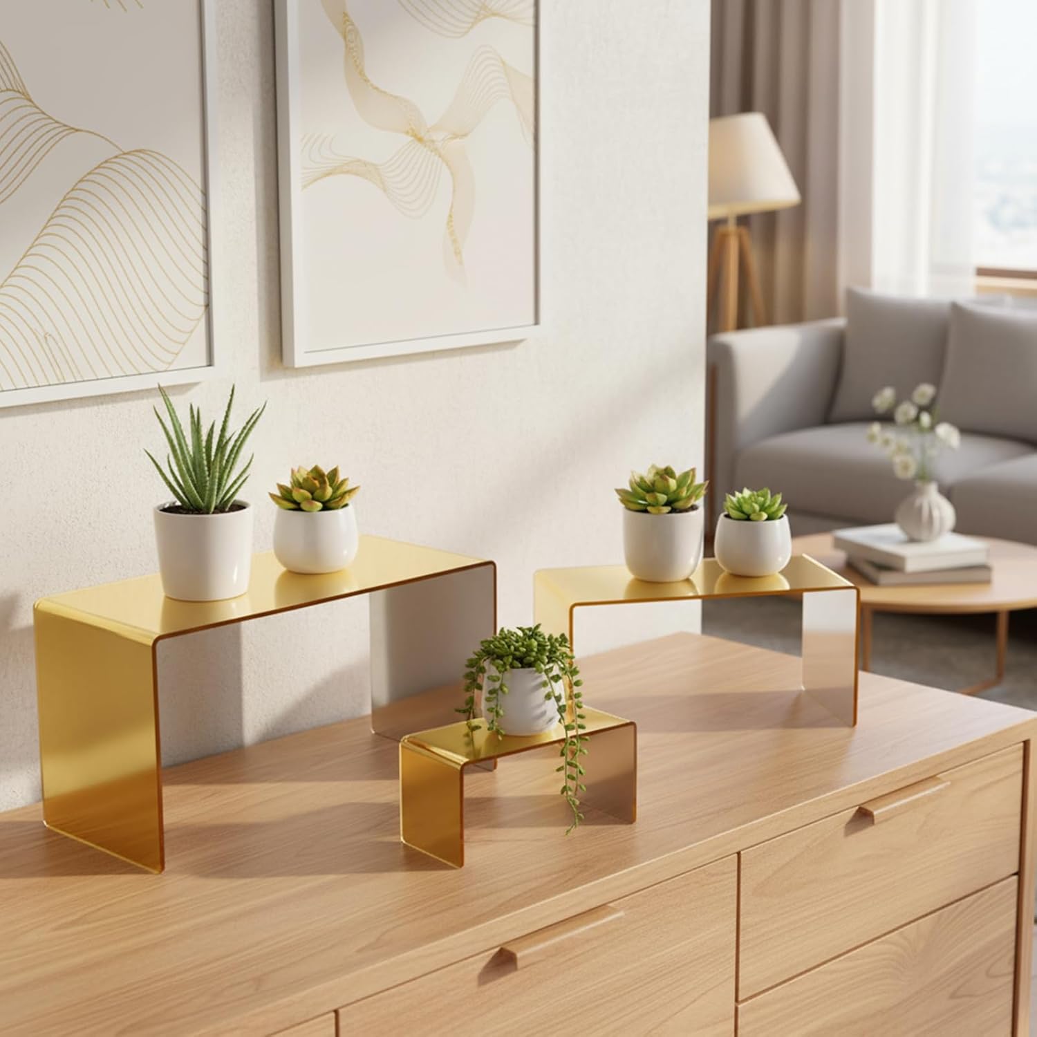 Chuangdi 2 Sets Acrylic Display Risers, Product Stand, Jewelry Display Riser Shelf Showcase Fixtures for Dessert Cupcake Candy Figure Treat Action Showcase (Gold,Large Set) - Image 5