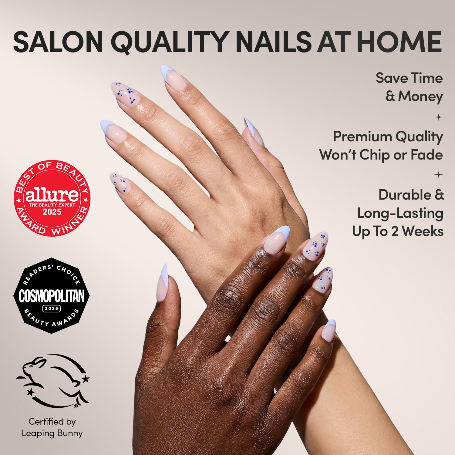 Glamnetic Press On Nails - Bluebelle | Short Almond Fake Nails with Pale Blue French Tips & 3D Blueberry Accents on Semi-Sheer Base, Glossy Finish, Salon Quality | 15 Sizes - 30 Nail Kit with Glue - 3