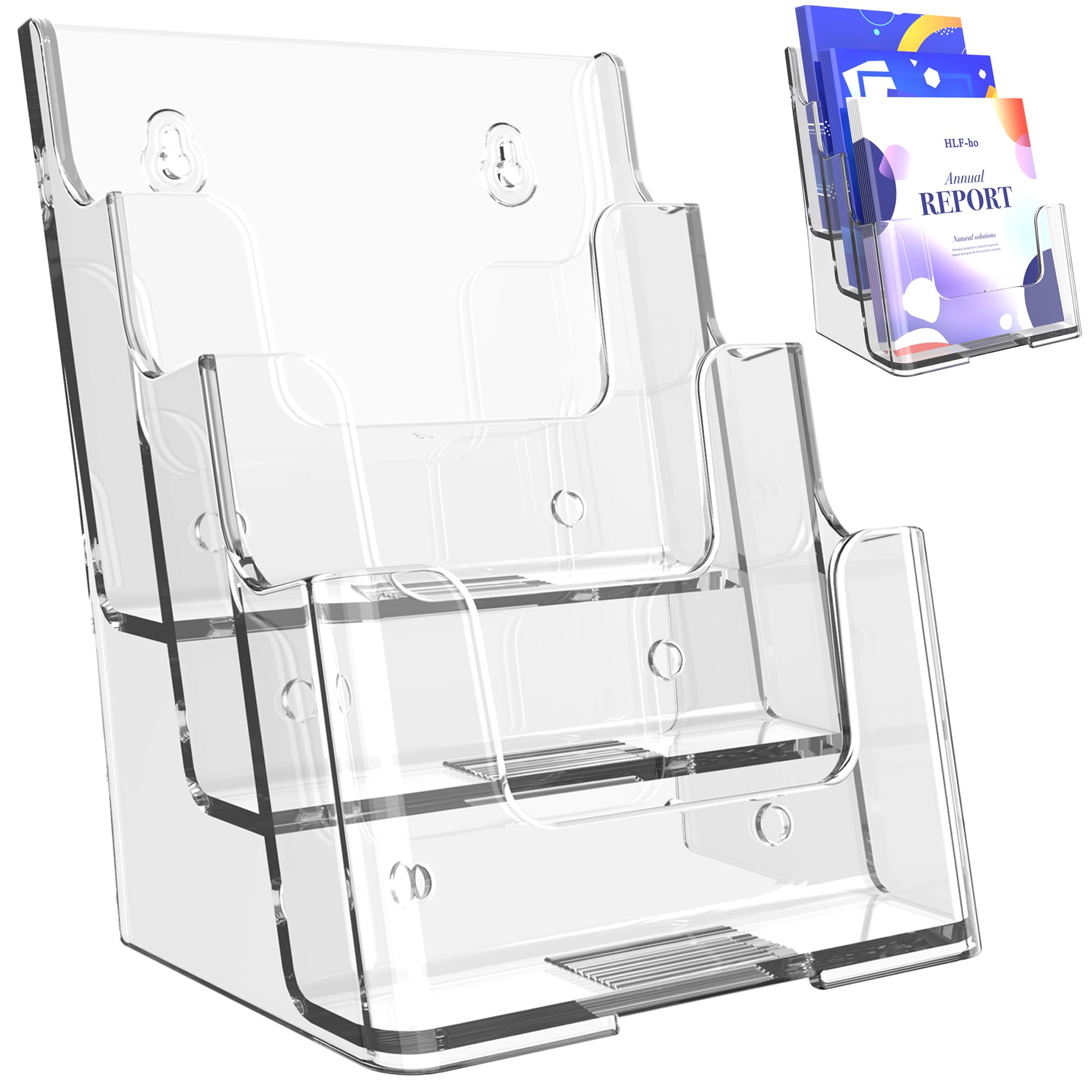 HLF-ho Brochure Holder 6x8 Inch 3 Tier Acrylic Literature Holders Clear Plastic Flyer Display Stand Countertop Use or Wall Mount Pamphlet Holder