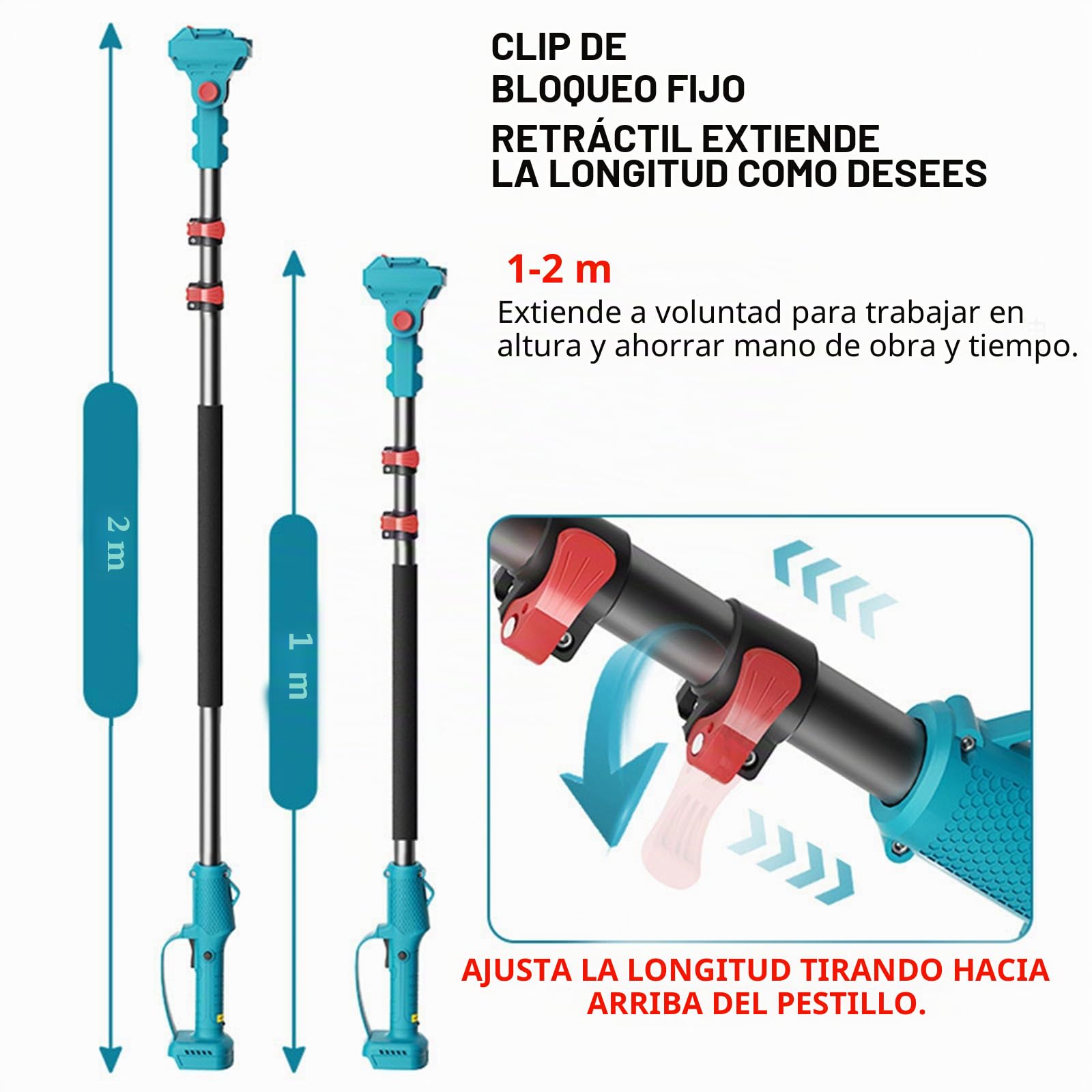 Motosierra de poda inalámbrica 2 en 1, motosierra eléctrica con 2 baterías de 3.0 Ah y cargador, mango telescópico extensible de 1,3 a 2,5 m, 4100 RPM, cabezal giratorio de 180°