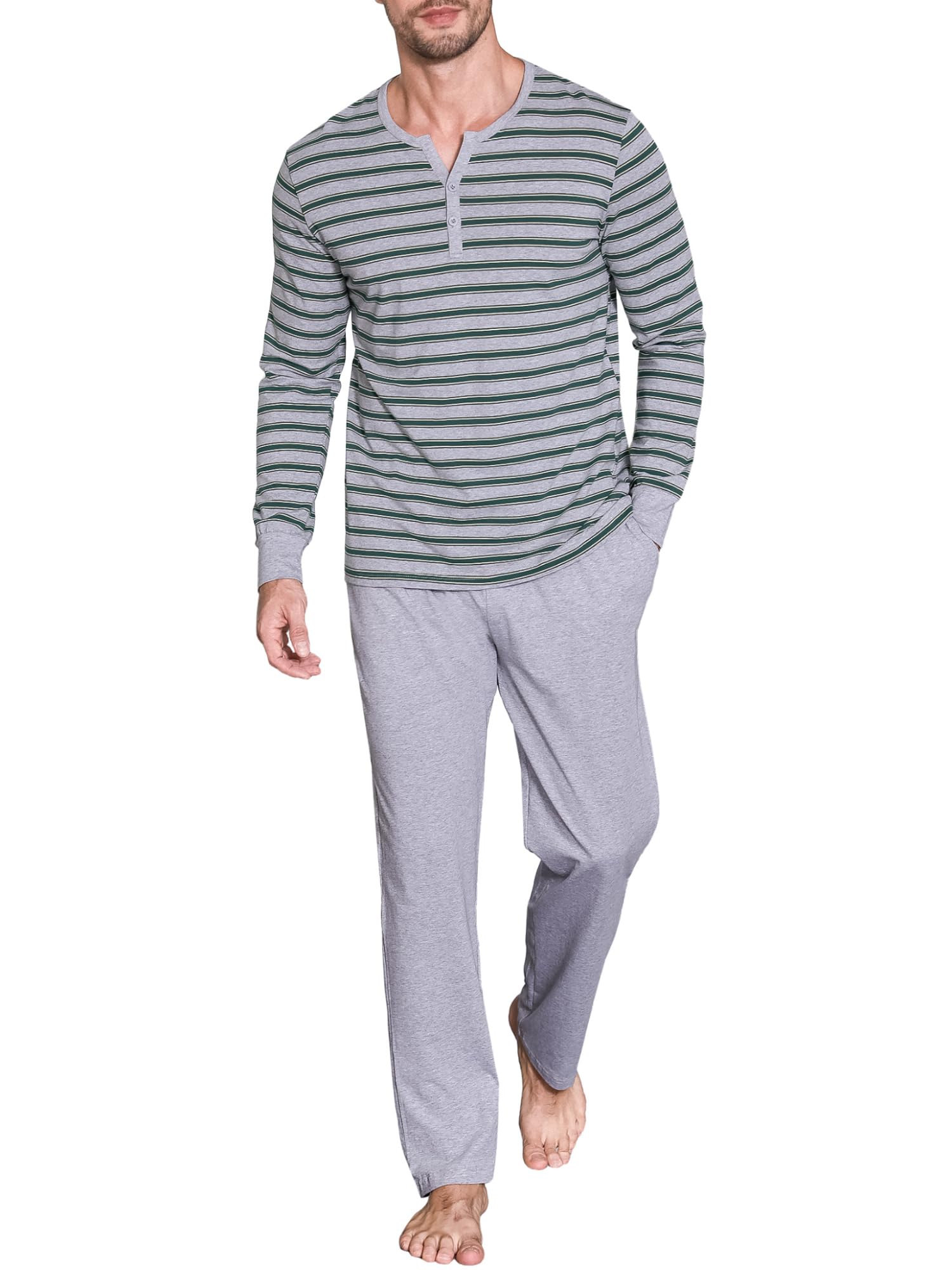 Winovia Herren Schlafanzug Langarm | Baumwolle Pyjama Set mit Knopfleiste & Streifen | Bequeme Nachtwäsche Loungewear für Männer