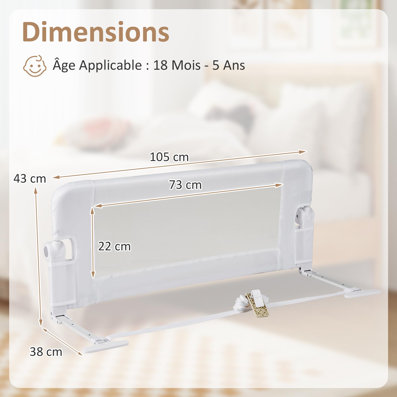 DREAMADE Barrière de Lit Pliable pour Bébé, Barrière de Protection pour Bord de Lit, Rail de Lit Protection pour Enfants, 105CM/120CM/150CMX40CMX42CM, Blanc/Gris/Bleu (Blanc, 105 CM)