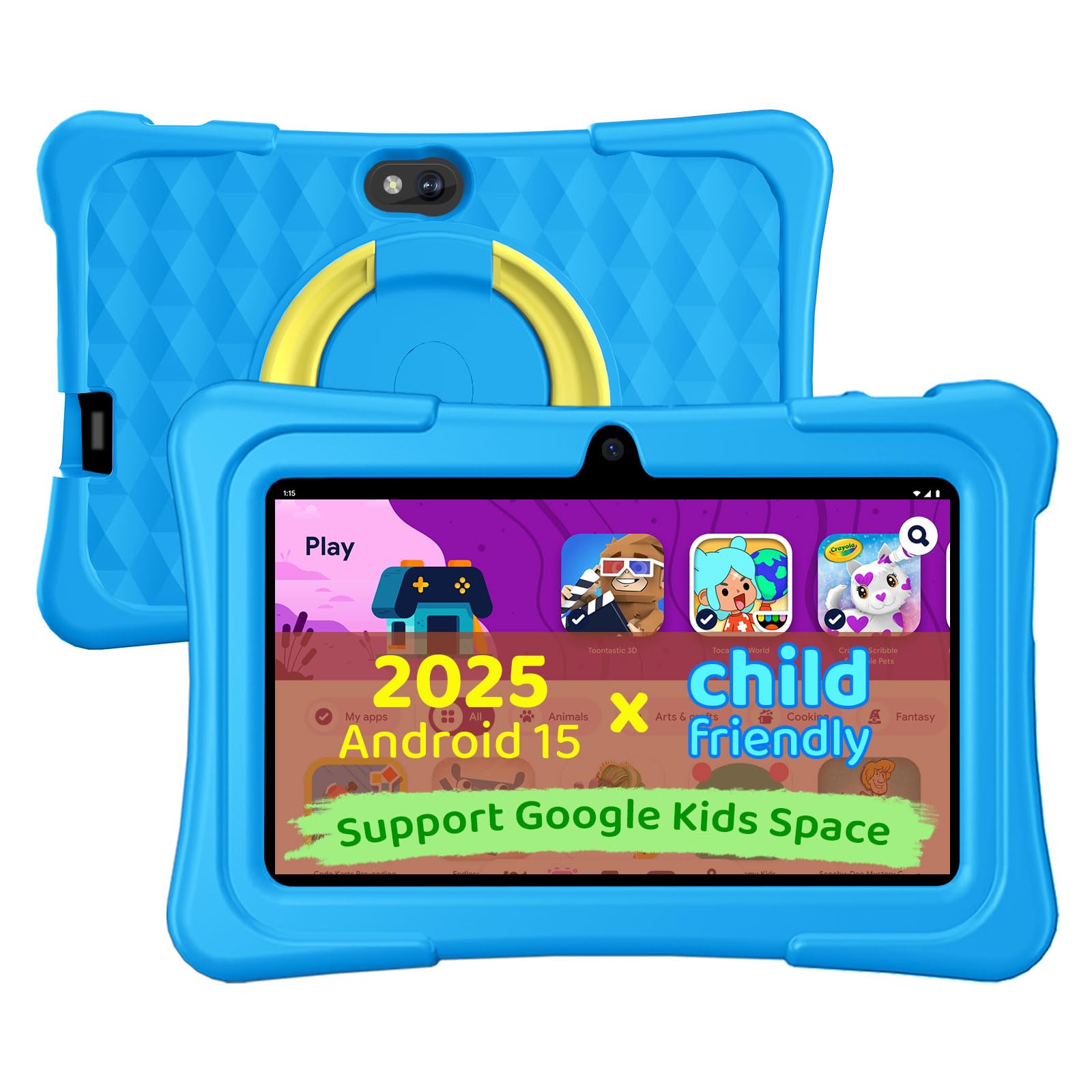 Kids Tablet, 7 inch Android 15 Tablet for Kids, 8GB+32GB 1TB Expand, Quad-Core Toddler Tablets with Shockproof Case, BT5.0, WiFi 5, Parental Control, Games, Dual Camera (SkyBlue)
