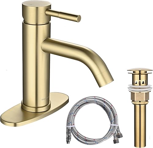 Aquaterior Grifo de lavabo de baño de una sola manija dorada placa de acero inoxidable para lavabo de 1 agujero y 3 agujeros (CUPC NSF CEC)