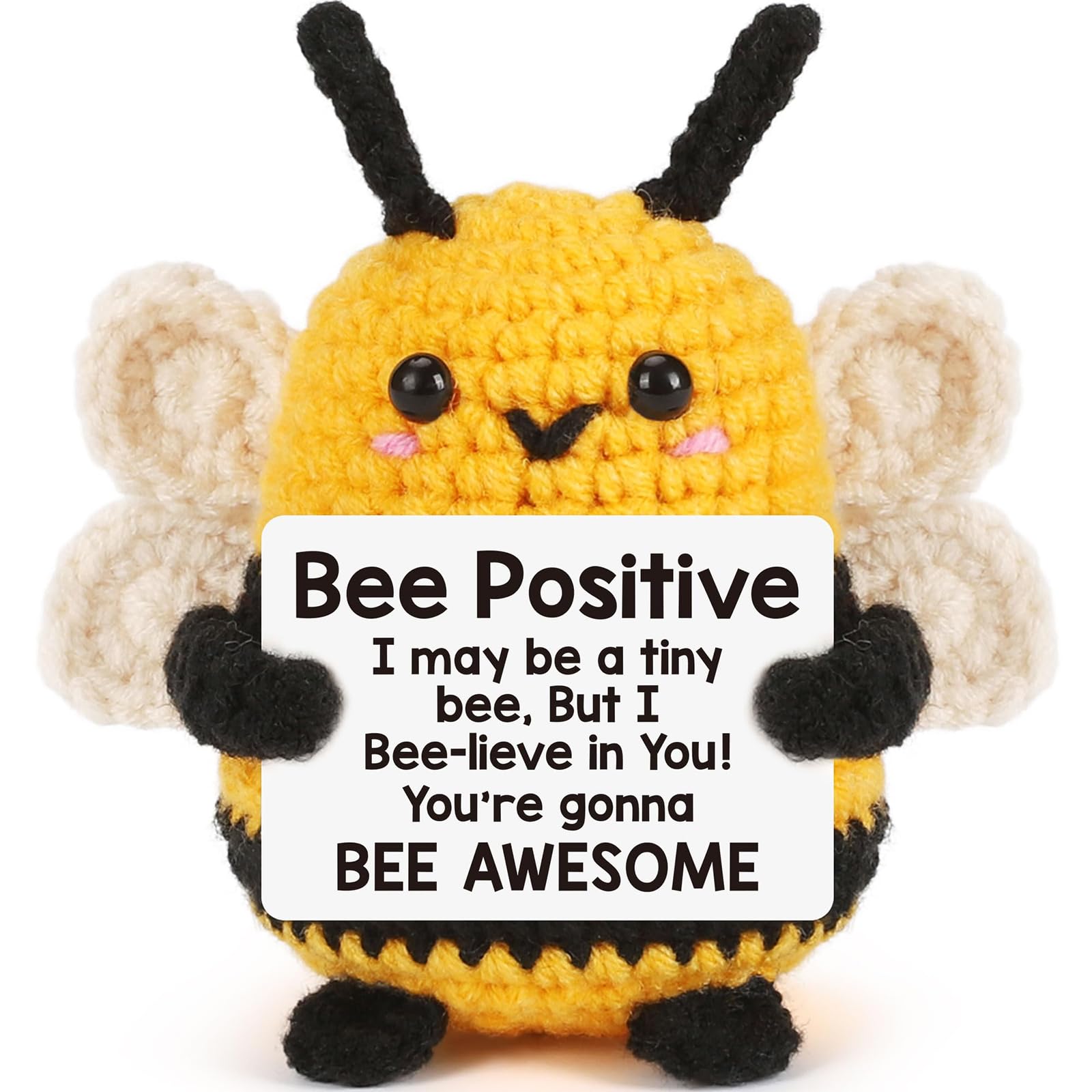 Calkkrer Pocket Hug Positive Bee Crochet Animals, Pocket Hug Lucky Charm, Positive Gifts Courage, Yellow Crocheted Cuddly Toys with Positive Card