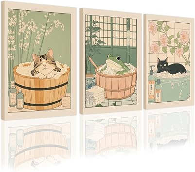 Japanese Wall Art Set of 3 Cute Frog Wall Decor Black Cat Canvas Wall Art for Living Room Japanese Posters Frog Funny Bathroom Decor Zen Style Cat Painting 12x16 Inch Unframed